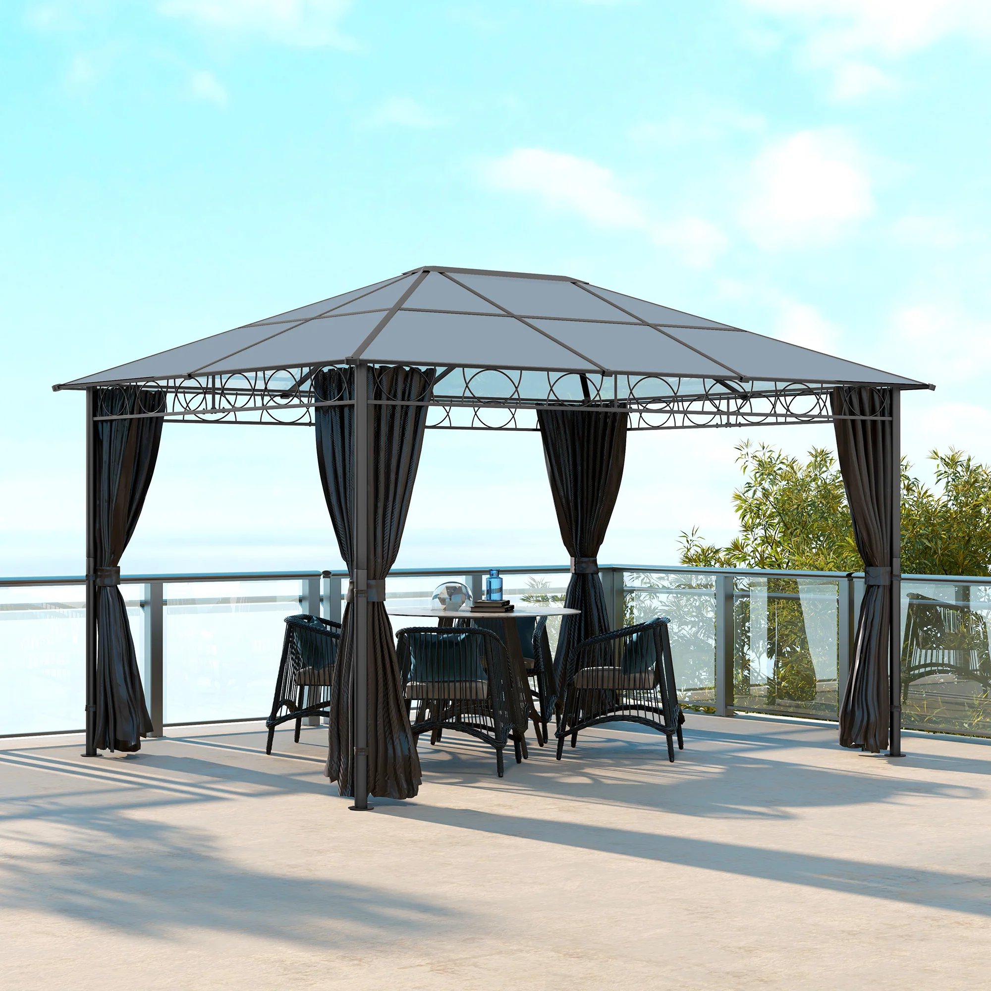 13' x 10' Polycarbonate Hardtop Gazebo Canopy with Aluminum Frame & Curtains, Dark Grey - Image 3