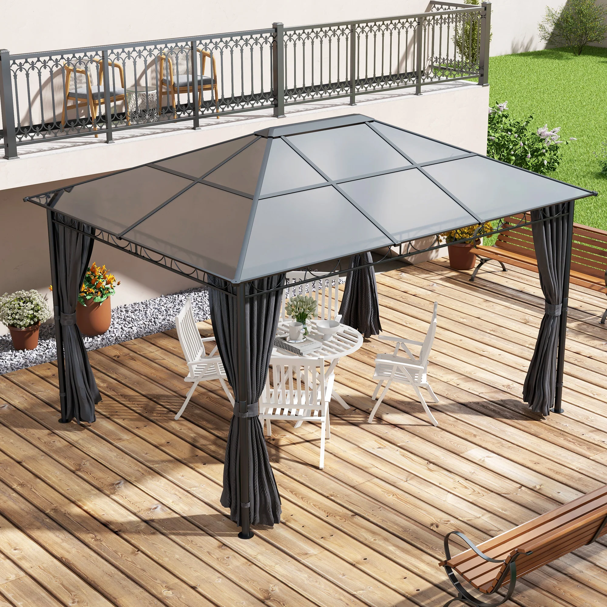 13' x 10' Polycarbonate Hardtop Gazebo Canopy with Aluminum Frame & Curtains, Dark Grey - Image 4