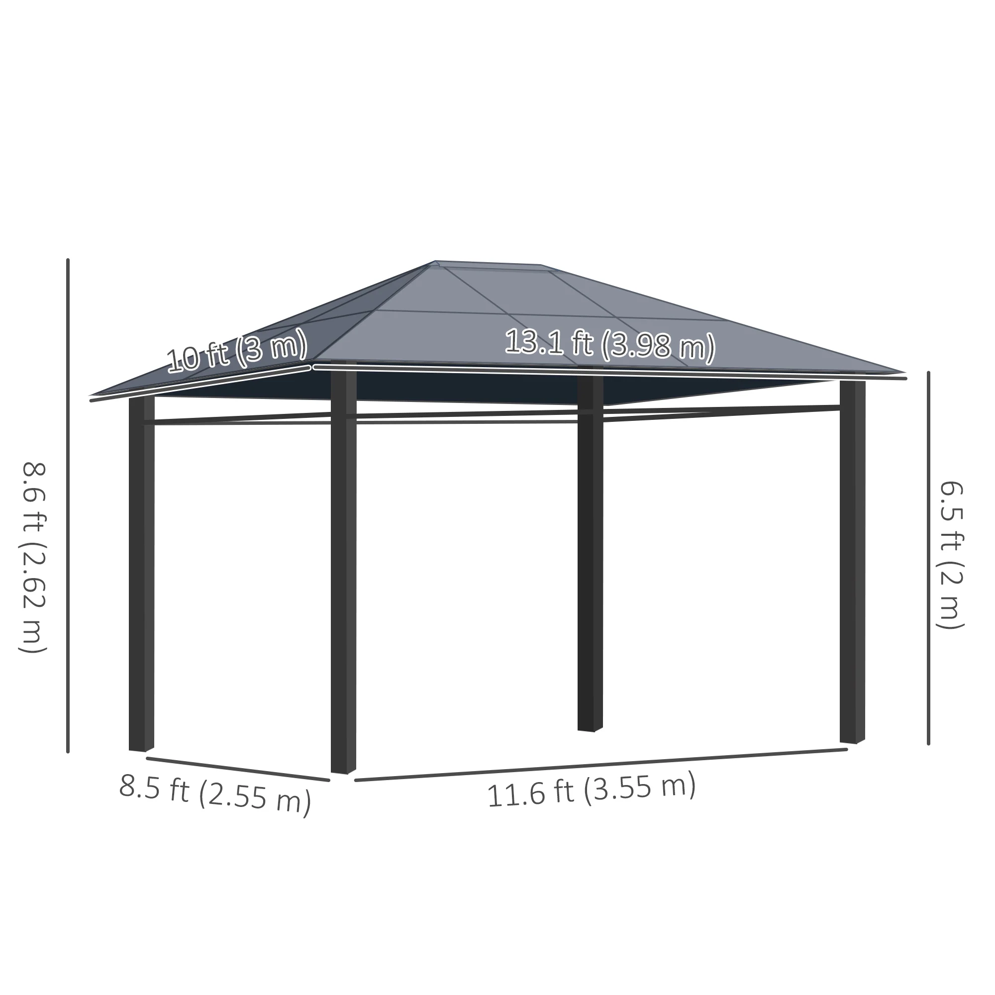 13' x 10' Polycarbonate Hardtop Gazebo Canopy with Aluminum Frame & Curtains, Dark Grey - Image 5