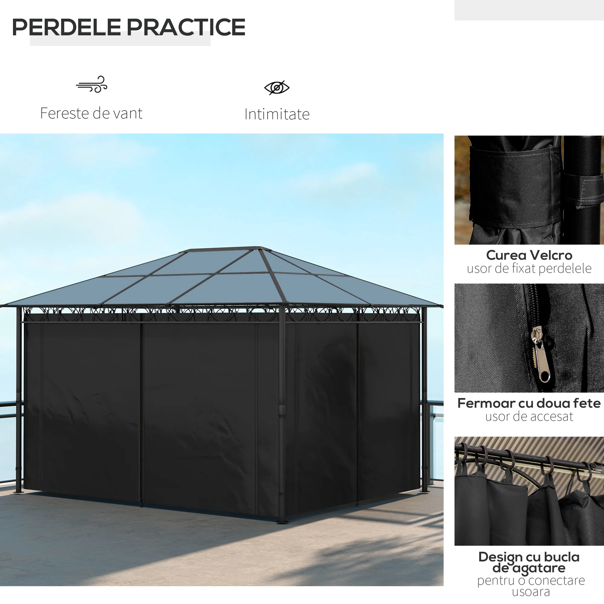 13' x 10' Polycarbonate Hardtop Gazebo Canopy with Aluminum Frame & Curtains, Dark Grey - Image 7