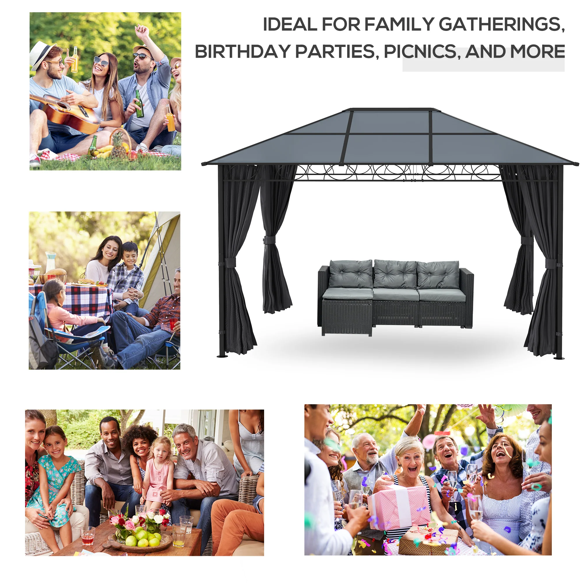 13' x 10' Polycarbonate Hardtop Gazebo Canopy with Aluminum Frame & Curtains, Dark Grey - Image 9