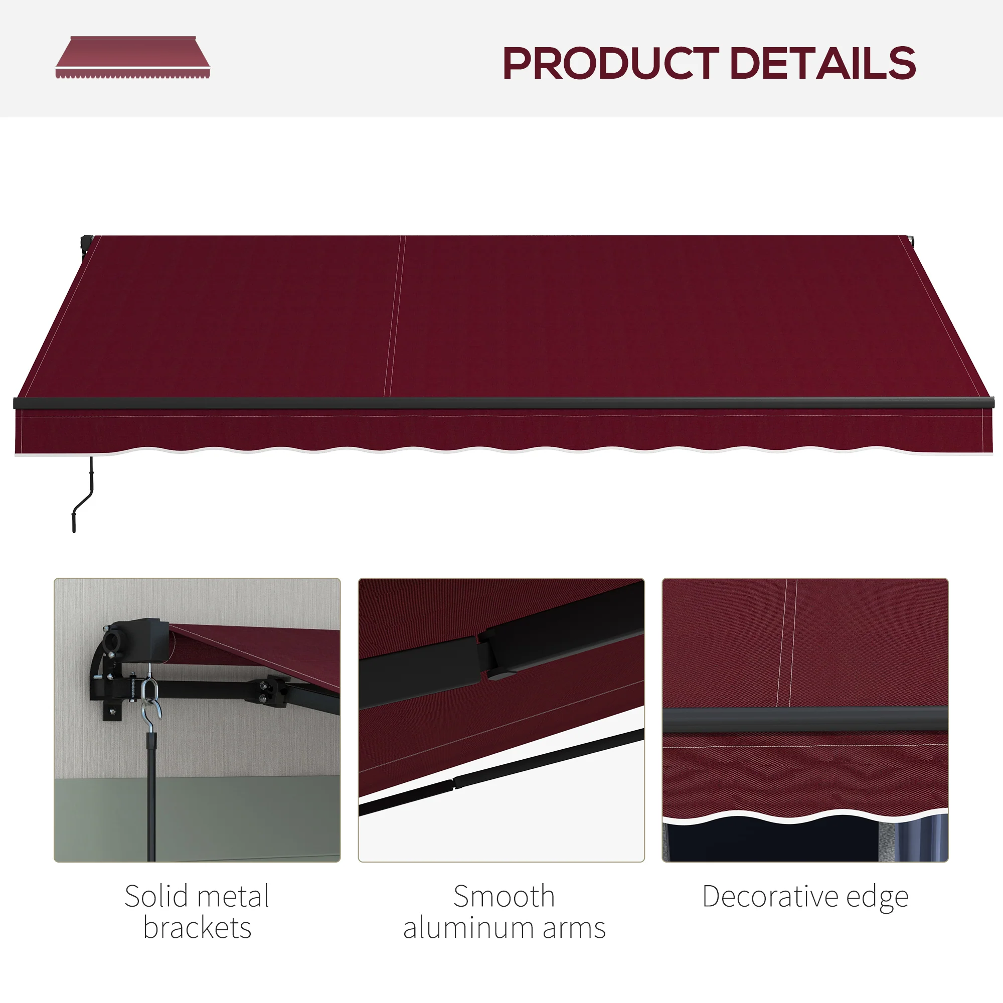 13' x 10' Retractable Awning with Manual Crank, 280gsm UV Resistant Fabric and Aluminum Frame, Wine Red - Image 10