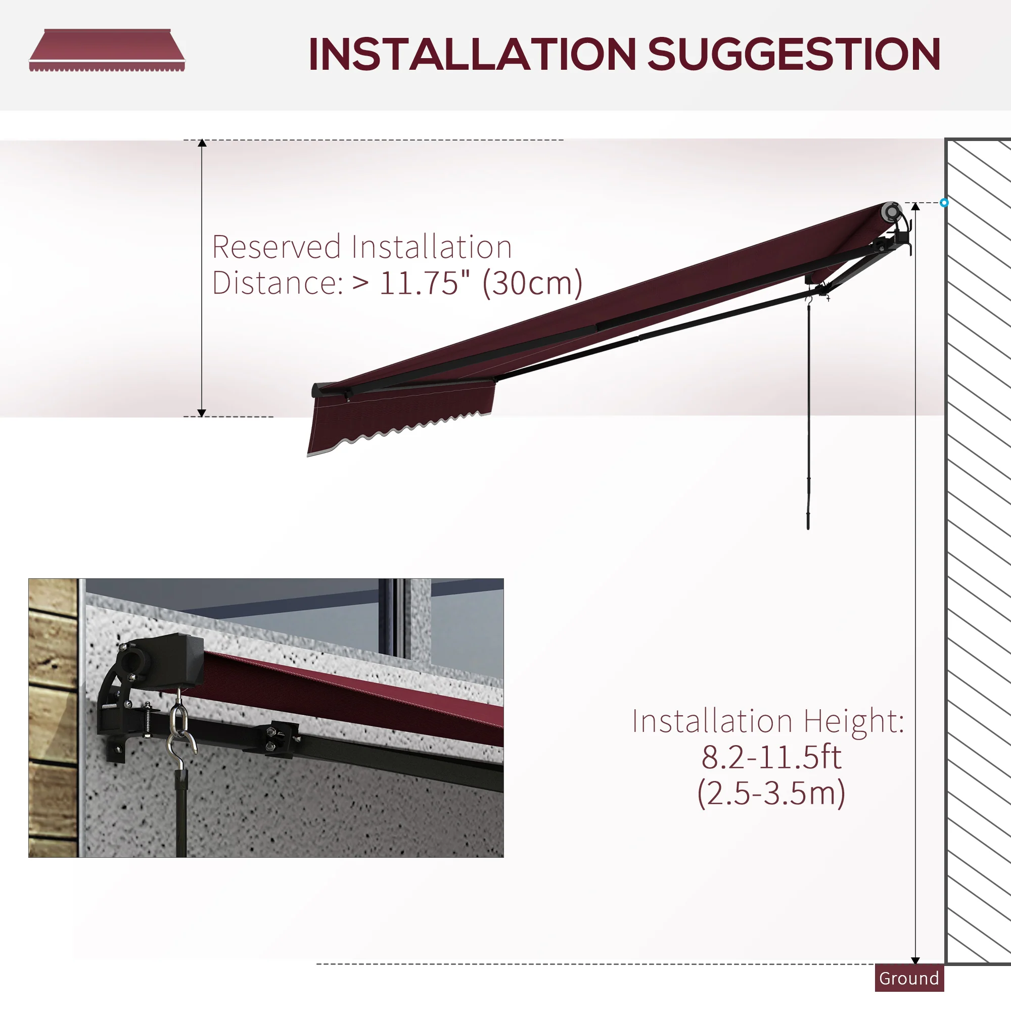 13' x 10' Retractable Awning with Manual Crank, 280gsm UV Resistant Fabric and Aluminum Frame, Wine Red - Image 9