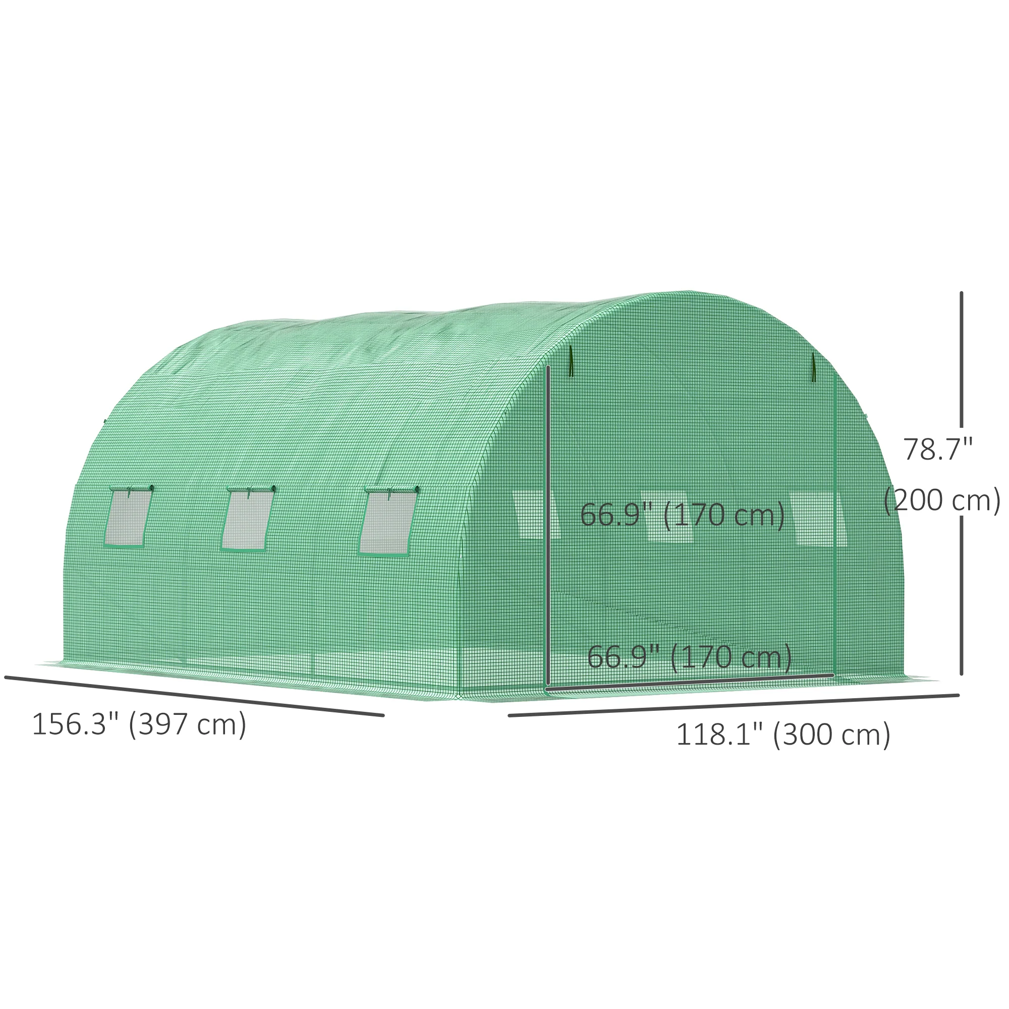 13' x 10' x 6.6'  Walk-in Polytunnel Greenhouse, Outdoor Garden Tunnel Greenhouse Tent with Zipped Roll-Up Door and 6 Mesh Windows, Green - Image 5