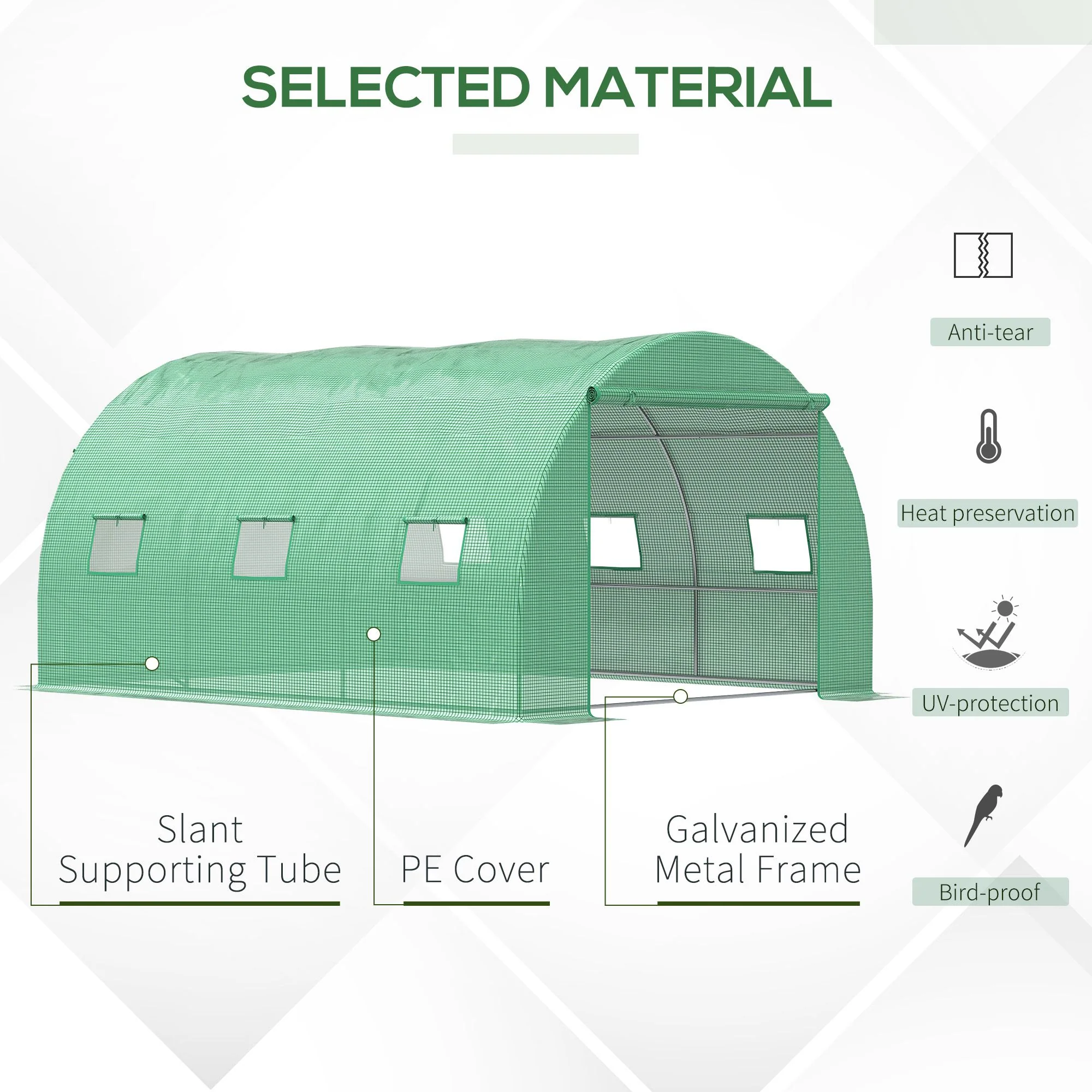 13' x 10' x 6.6'  Walk-in Polytunnel Greenhouse, Outdoor Garden Tunnel Greenhouse Tent with Zipped Roll-Up Door and 6 Mesh Windows, Green - Image 6