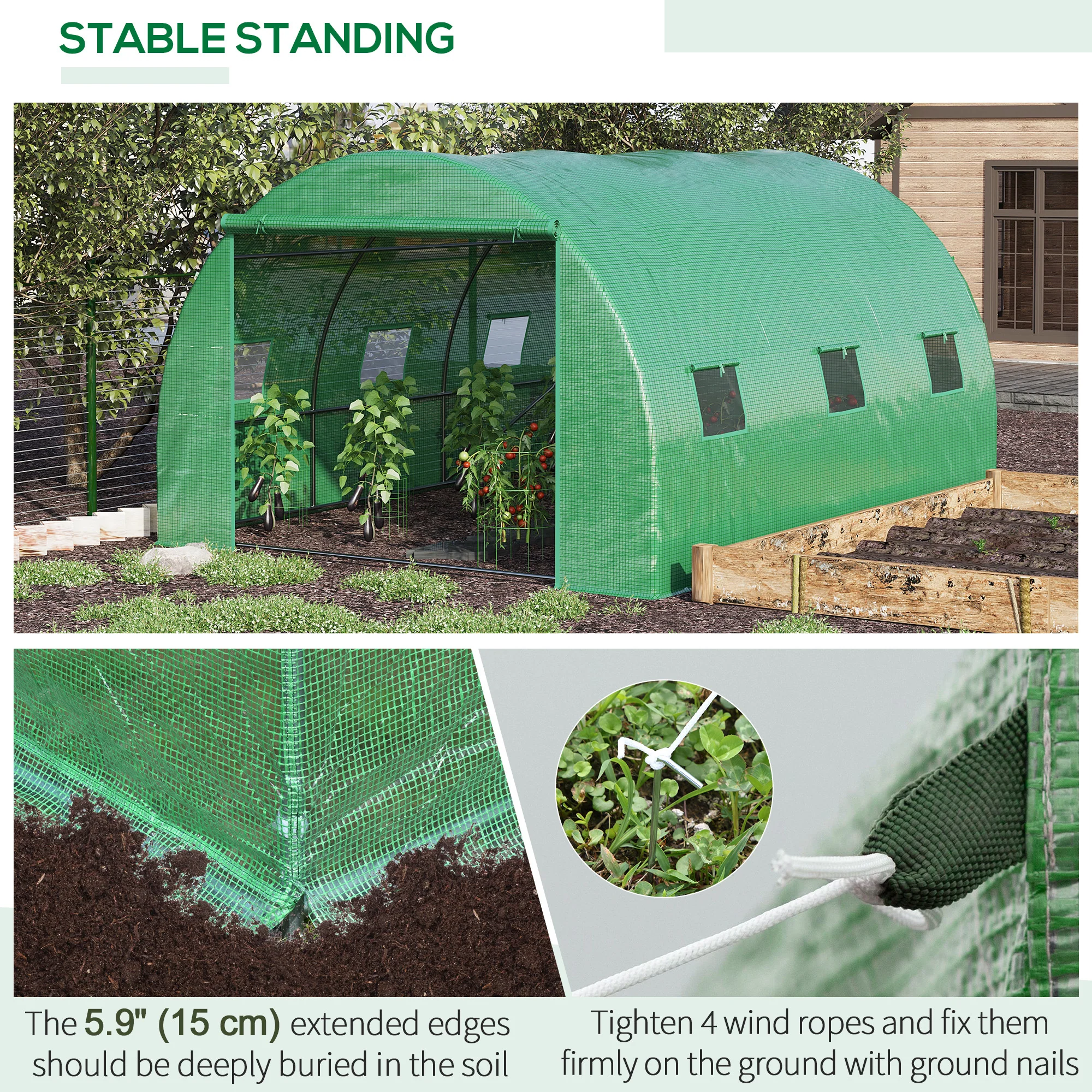 13' x 10' x 6.6'  Walk-in Polytunnel Greenhouse, Outdoor Garden Tunnel Greenhouse Tent with Zipped Roll-Up Door and 6 Mesh Windows, Green - Image 7