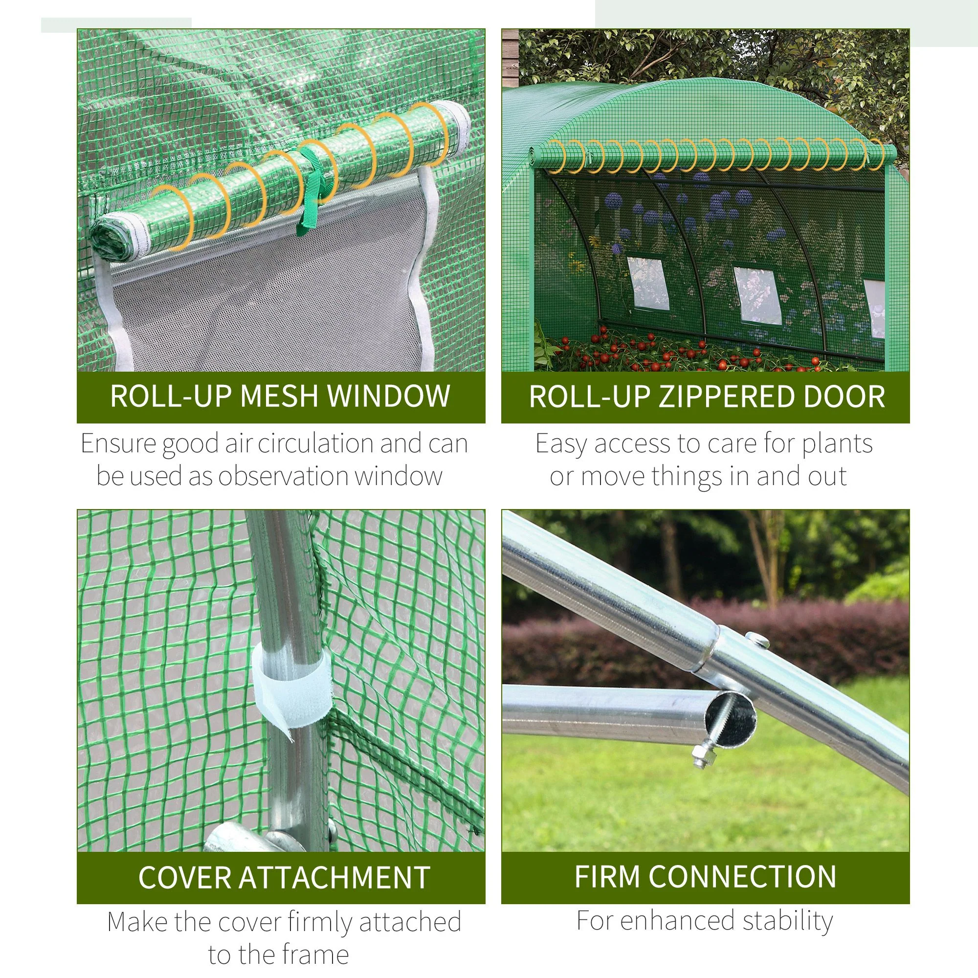 13' x 10' x 6.6'  Walk-in Polytunnel Greenhouse, Outdoor Garden Tunnel Greenhouse Tent with Zipped Roll-Up Door and 6 Mesh Windows, Green - Image 8