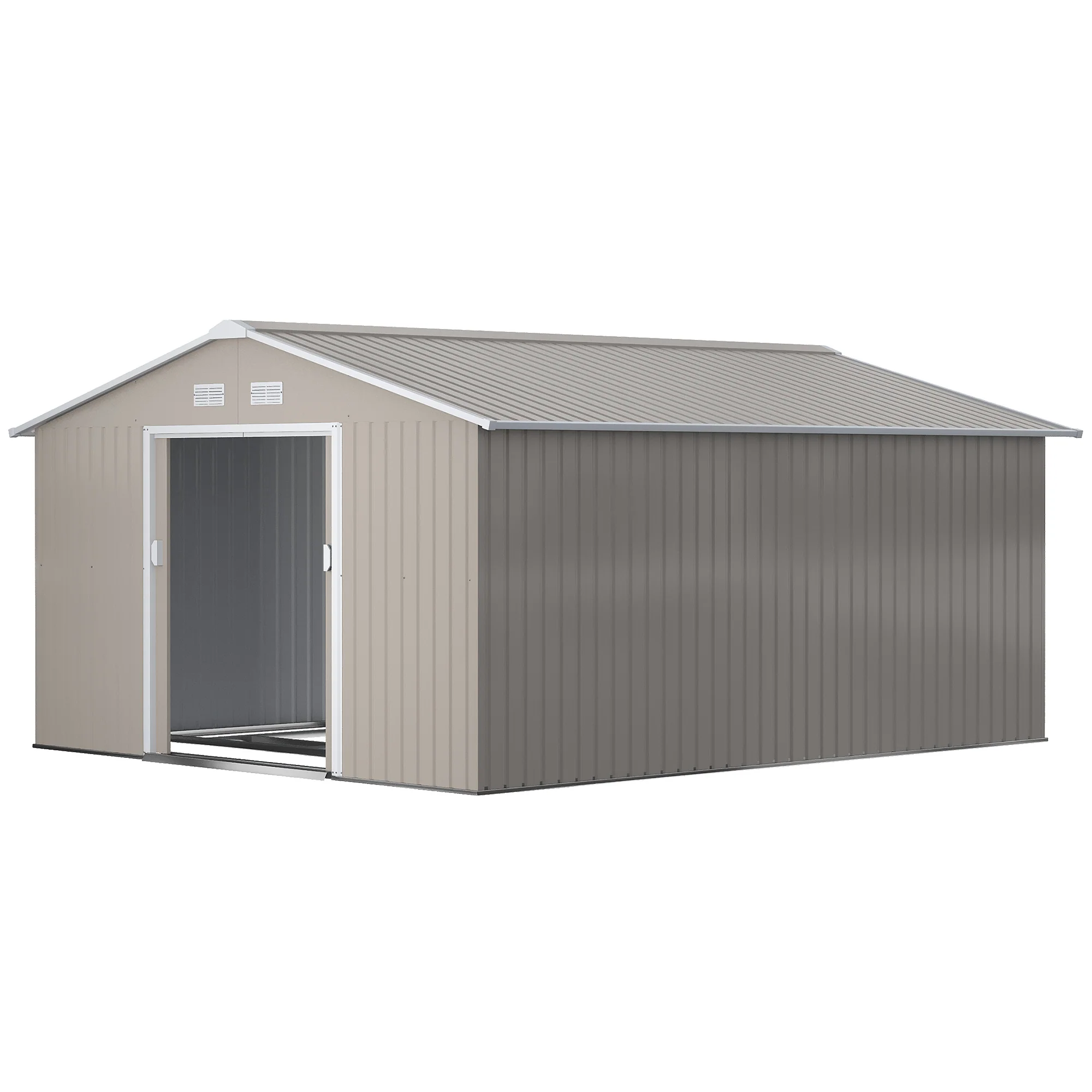 13 x 11FT Metal Garden Shed with Vents, Foundation Kit & Double Doors, Light Grey - Image 2