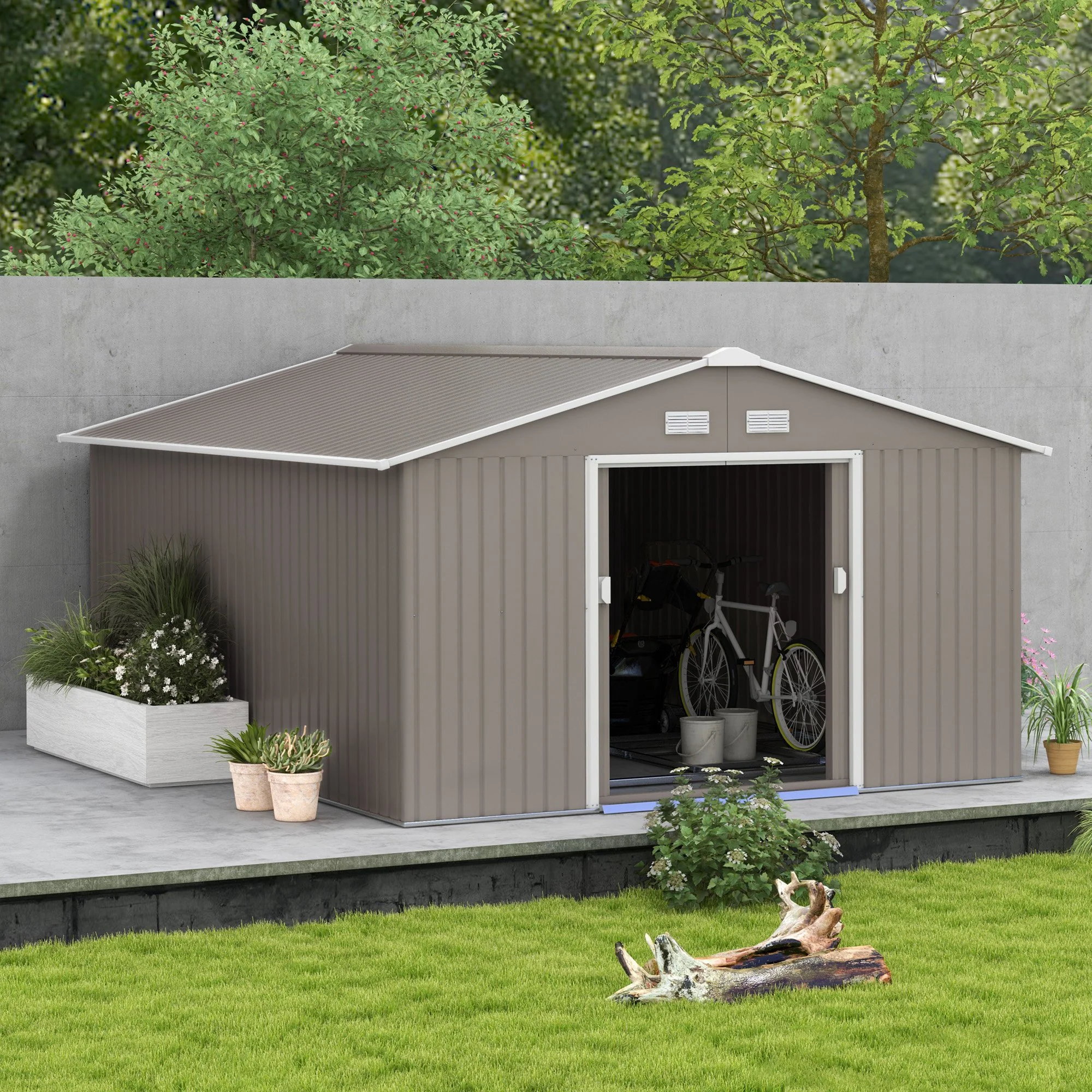 13 x 11FT Metal Garden Shed with Vents, Foundation Kit & Double Doors, Light Grey - Image 4