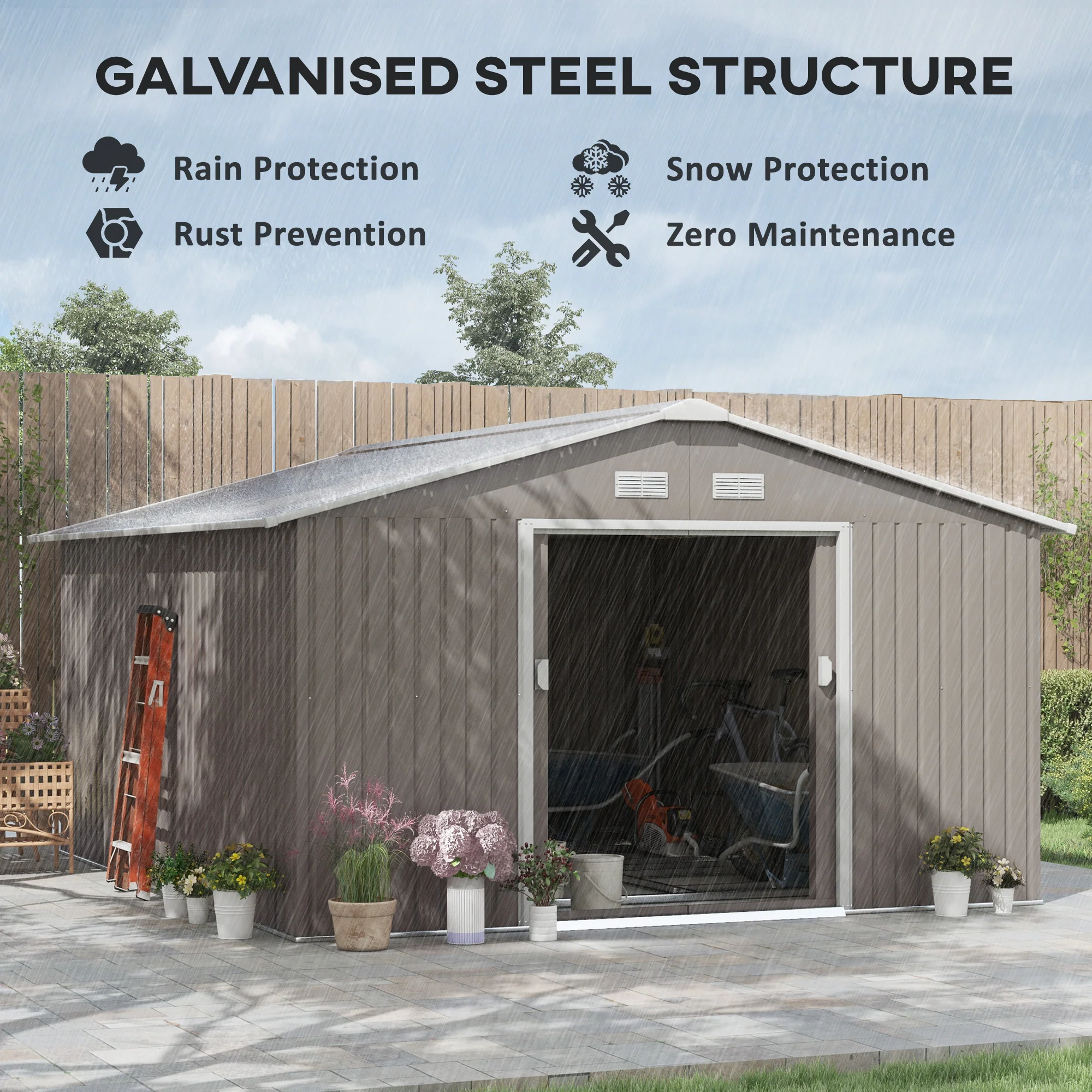 13 x 11FT Metal Garden Shed with Vents, Foundation Kit & Double Doors, Light Grey - Image 6