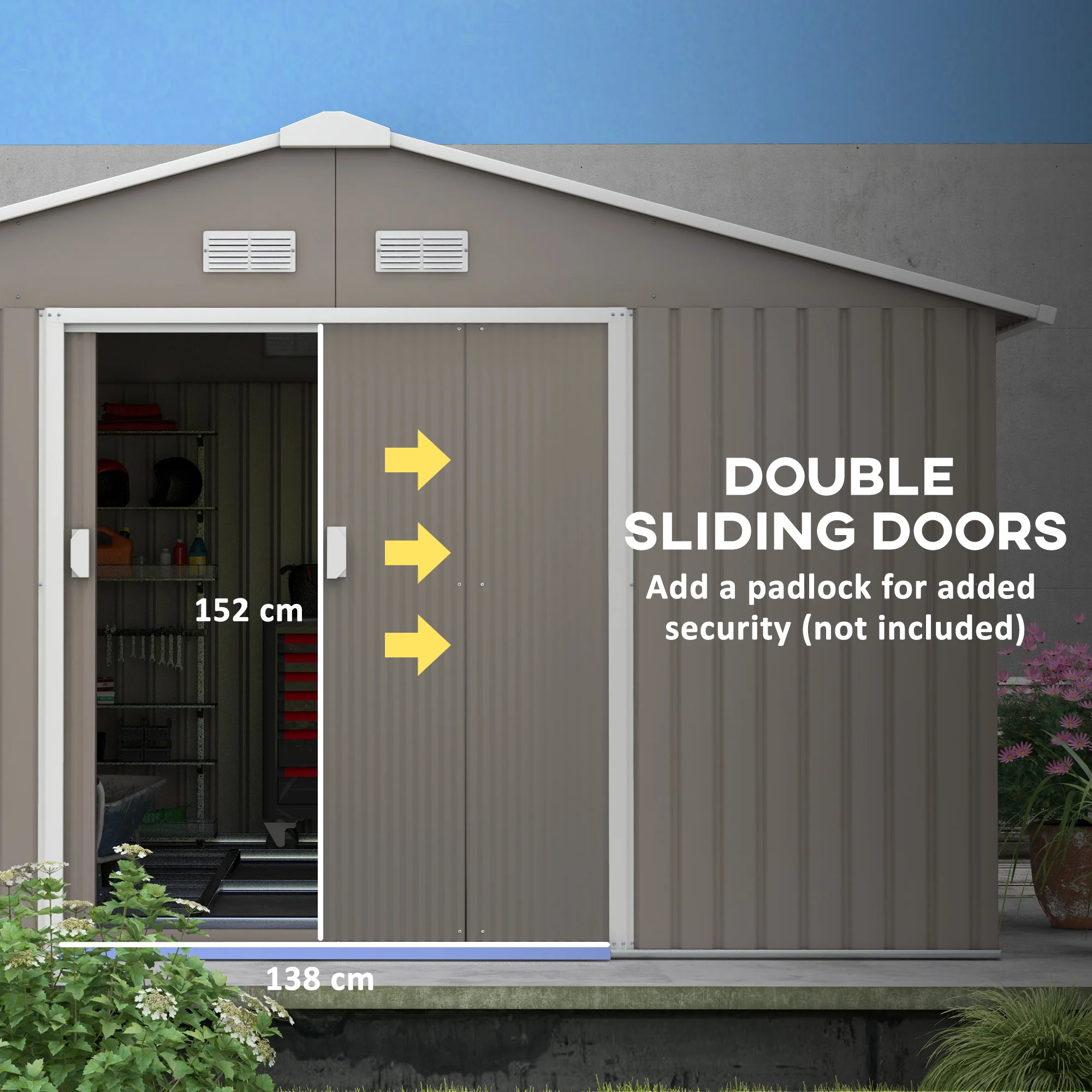 13 x 11FT Metal Garden Shed with Vents, Foundation Kit & Double Doors, Light Grey - Image 7
