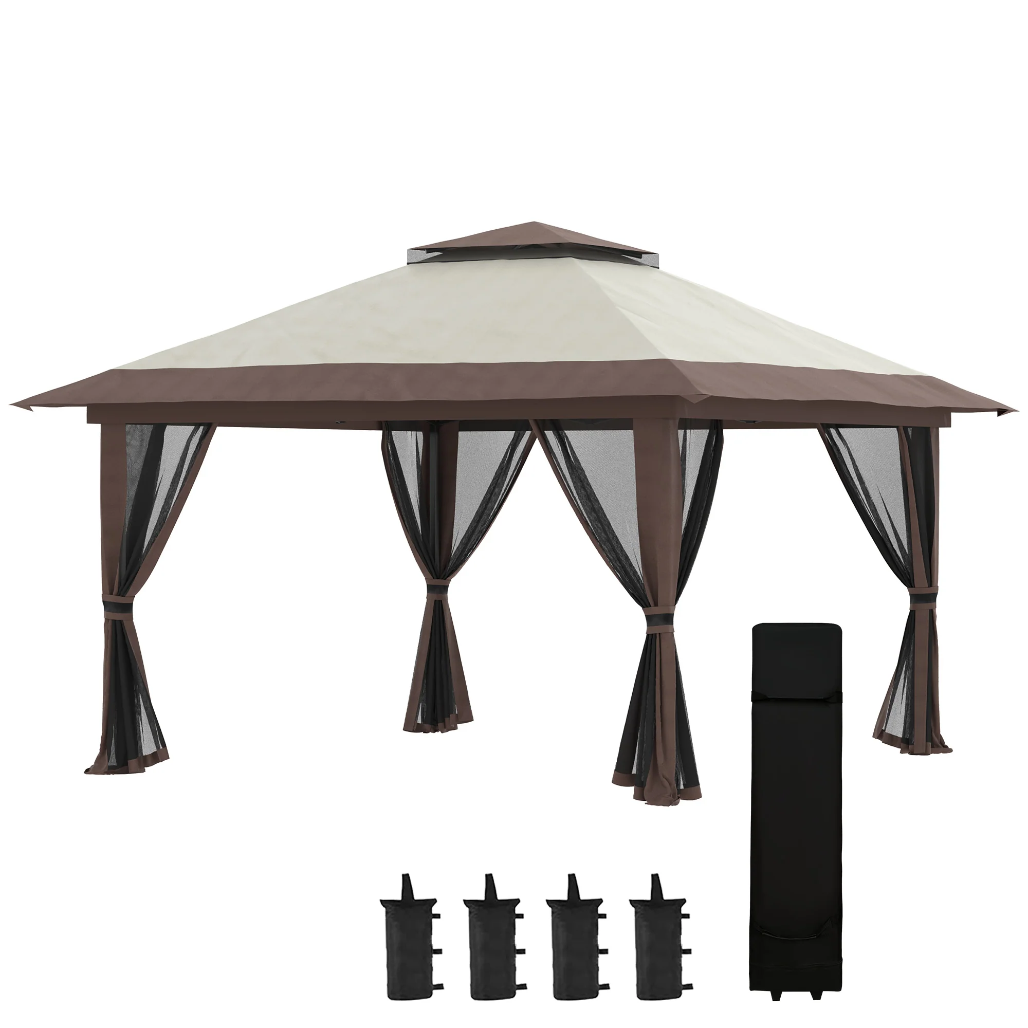 13' x 13' Pop Up Canopy with Mesh Sidewalls, Water/Sand Bag and Wheeled Carry Bag, Beige