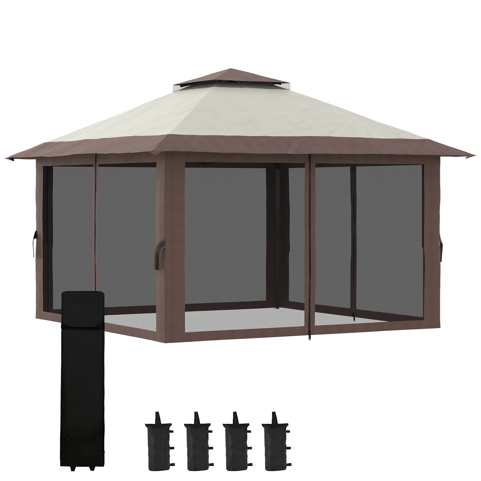 13' x 13' Pop Up Canopy with Mesh Sidewalls, Water/Sand Bag and Wheeled Carry Bag, Beige - Image 2