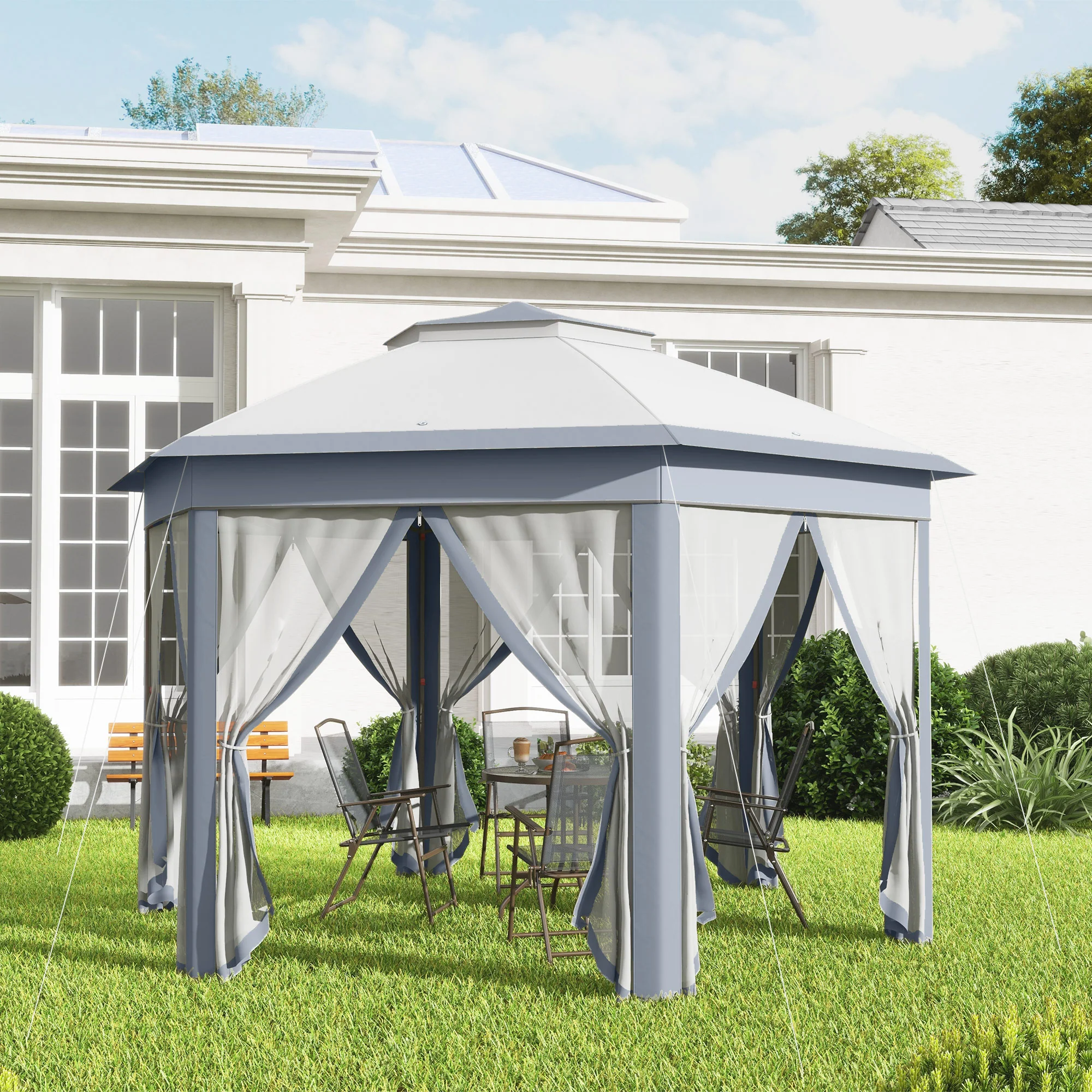 13' x 13' Hexagonal Pop Up Gazebo with Mesh Netting, Gray - Image 10