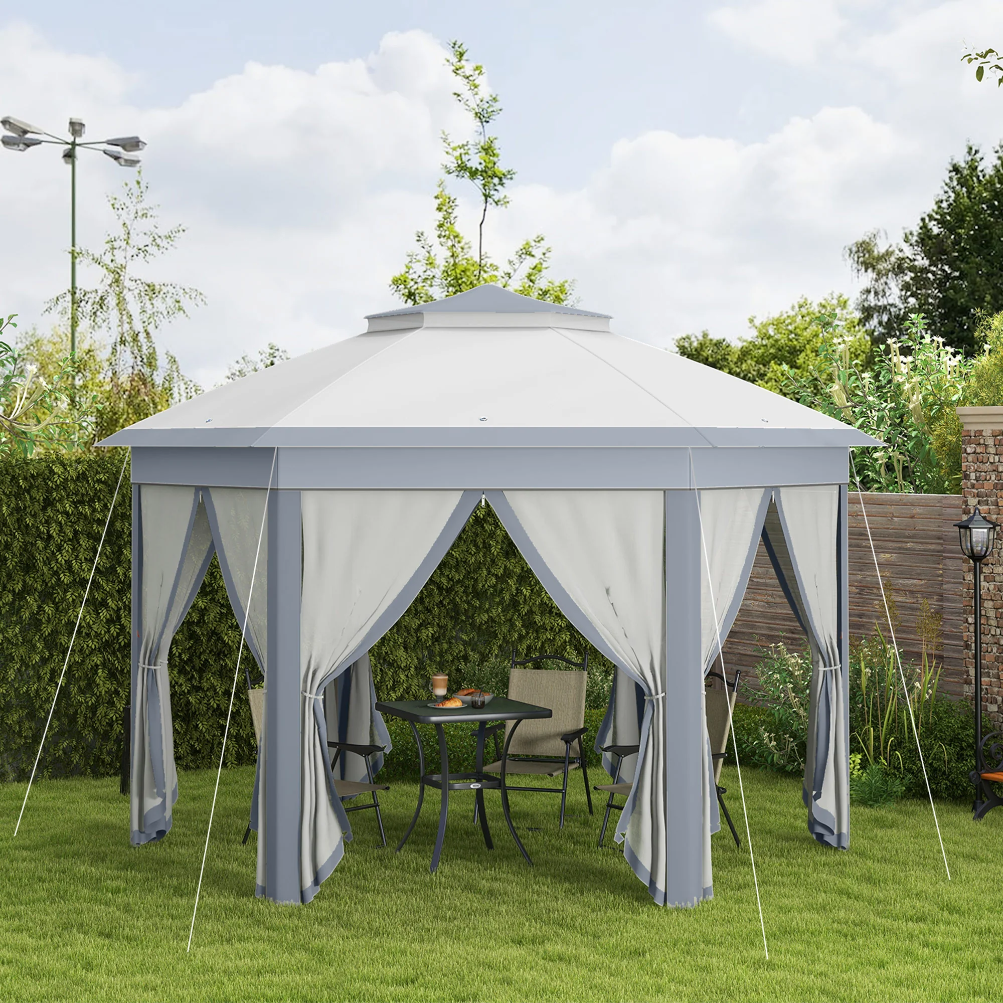 13' x 13' Hexagonal Pop Up Gazebo with Mesh Netting, Gray - Image 4