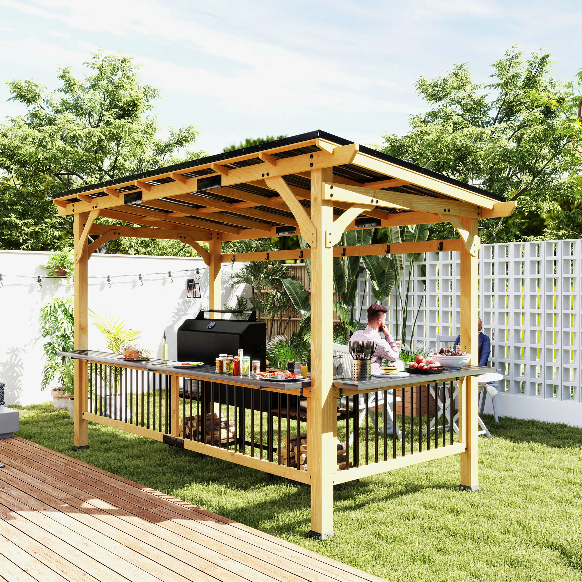 13' x 6' Wooden BBQ Grill Gazebo with Metal Roof 2 Bar Shelves and 6 Hooks, Natural - Image 11