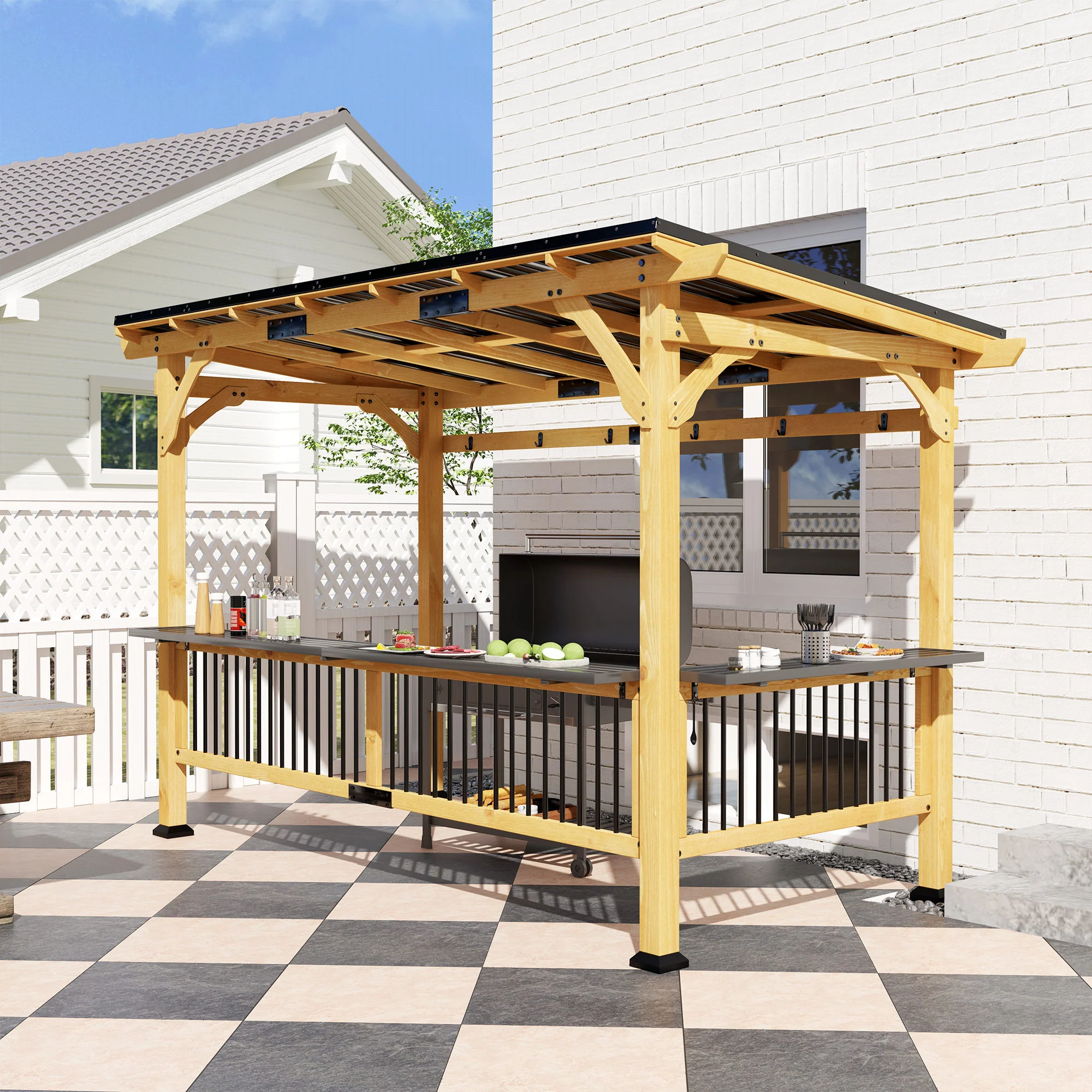 13' x 6' Wooden BBQ Grill Gazebo with Metal Roof 2 Bar Shelves and 6 Hooks, Natural - Image 4