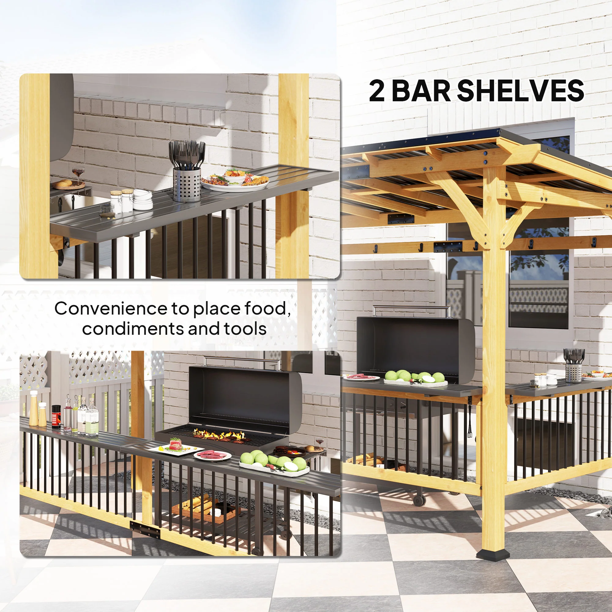 13' x 6' Wooden BBQ Grill Gazebo with Metal Roof 2 Bar Shelves and 6 Hooks, Natural - Image 7