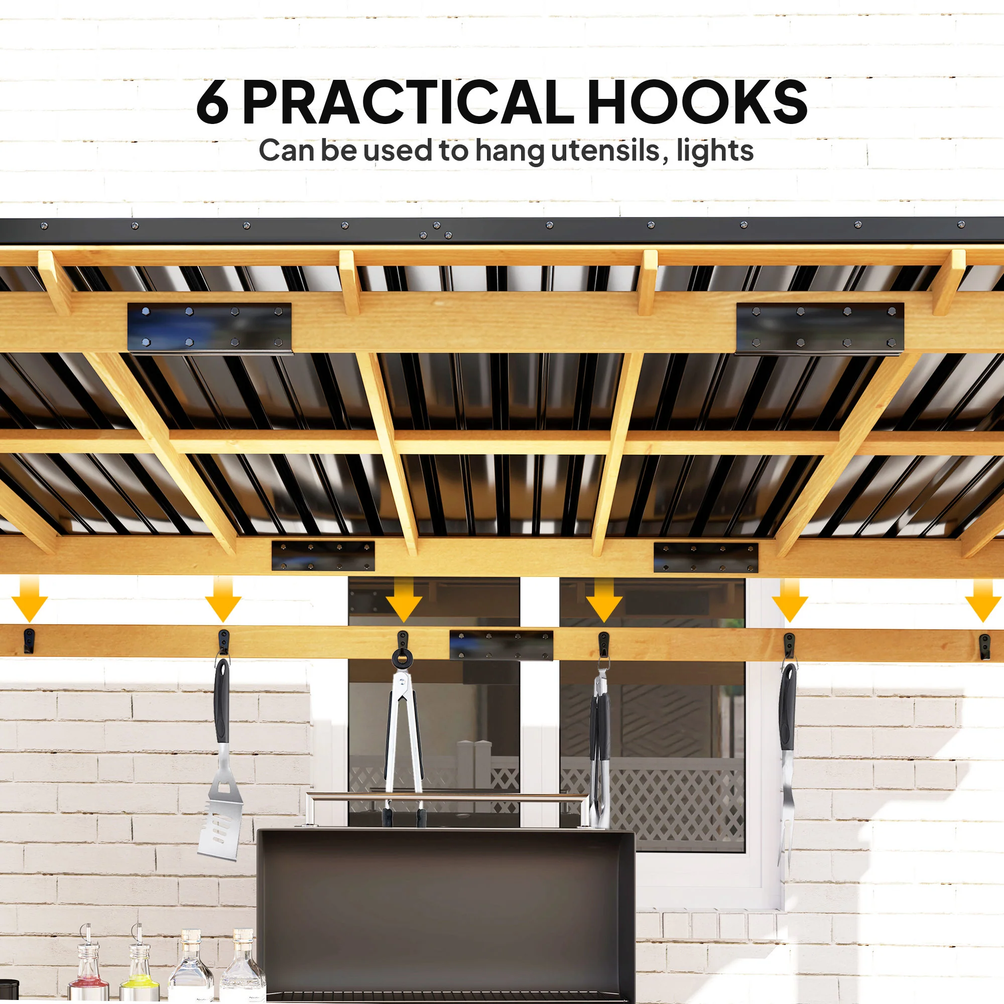 13' x 6' Wooden BBQ Grill Gazebo with Metal Roof 2 Bar Shelves and 6 Hooks, Natural - Image 8