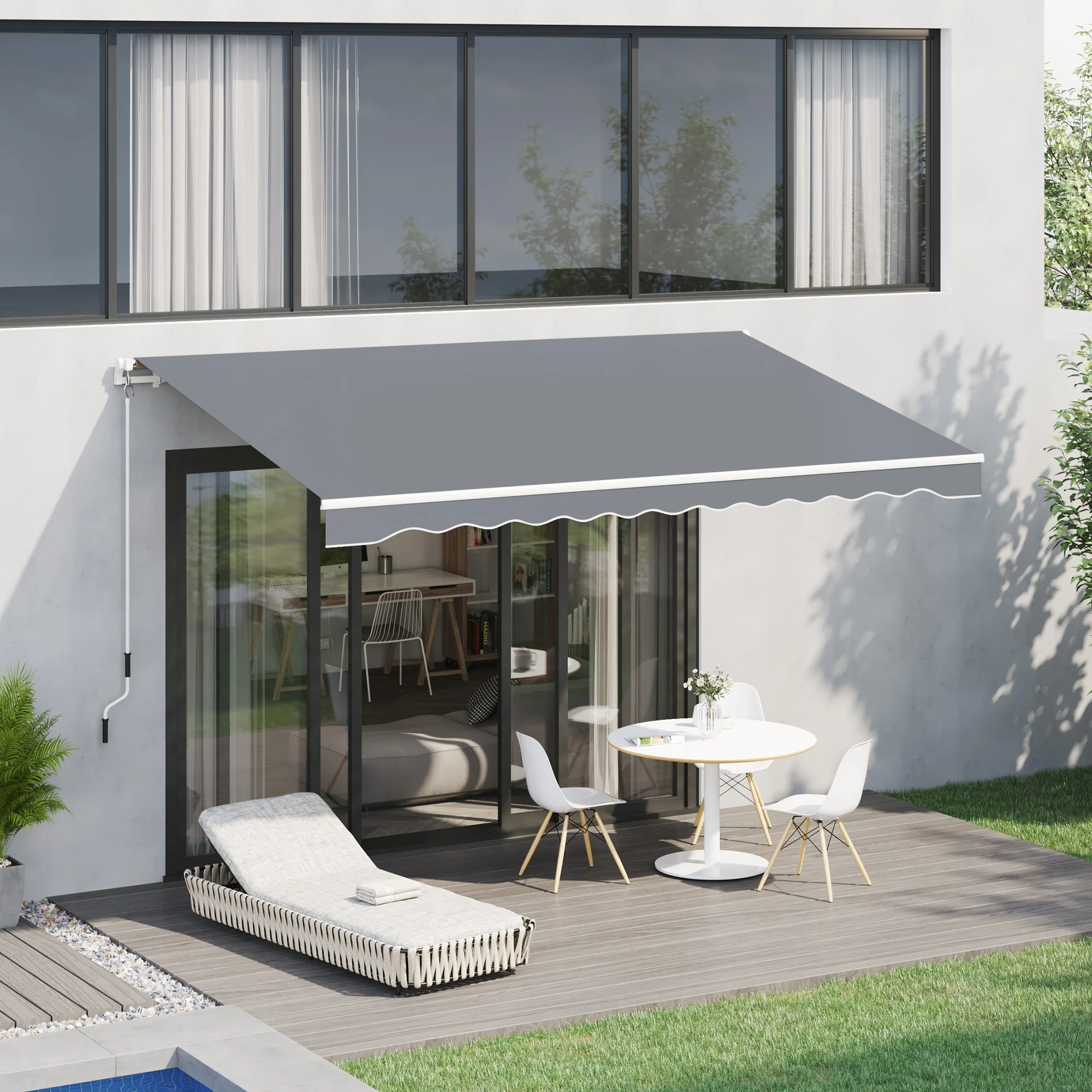 13' x 8' Retractable Patio Awning with Manual Crank, UV & Water-Resistant Fabric and Aluminum Frame, Grey - Image 3