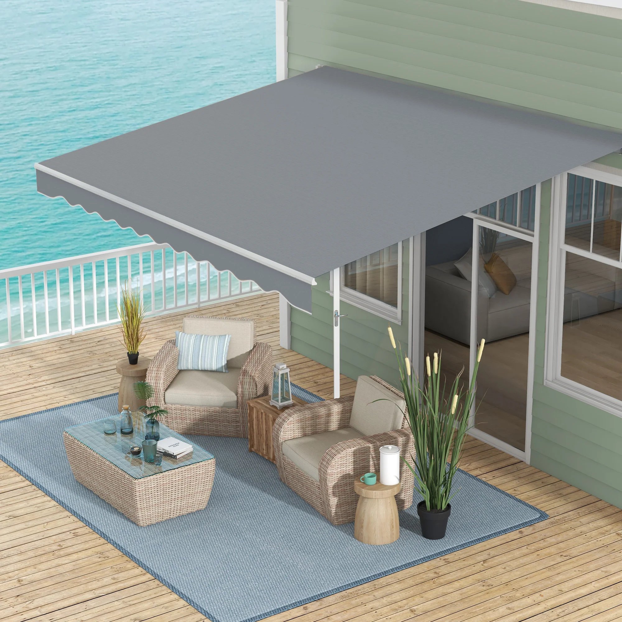 13' x 8' Retractable Patio Awning with Manual Crank, UV & Water-Resistant Fabric and Aluminum Frame, Grey - Image 4