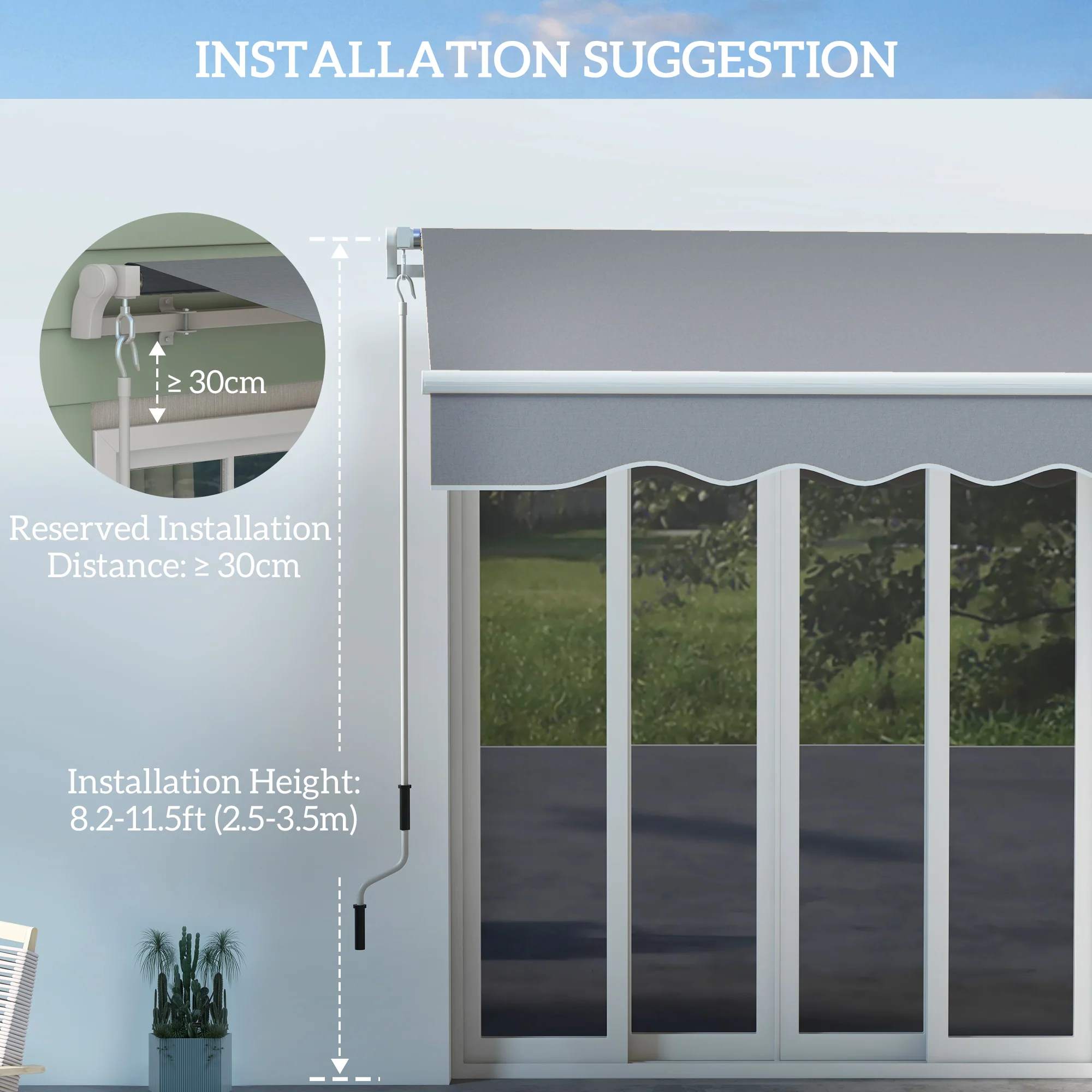 13' x 8' Retractable Patio Awning with Manual Crank, UV & Water-Resistant Fabric and Aluminum Frame, Grey - Image 9
