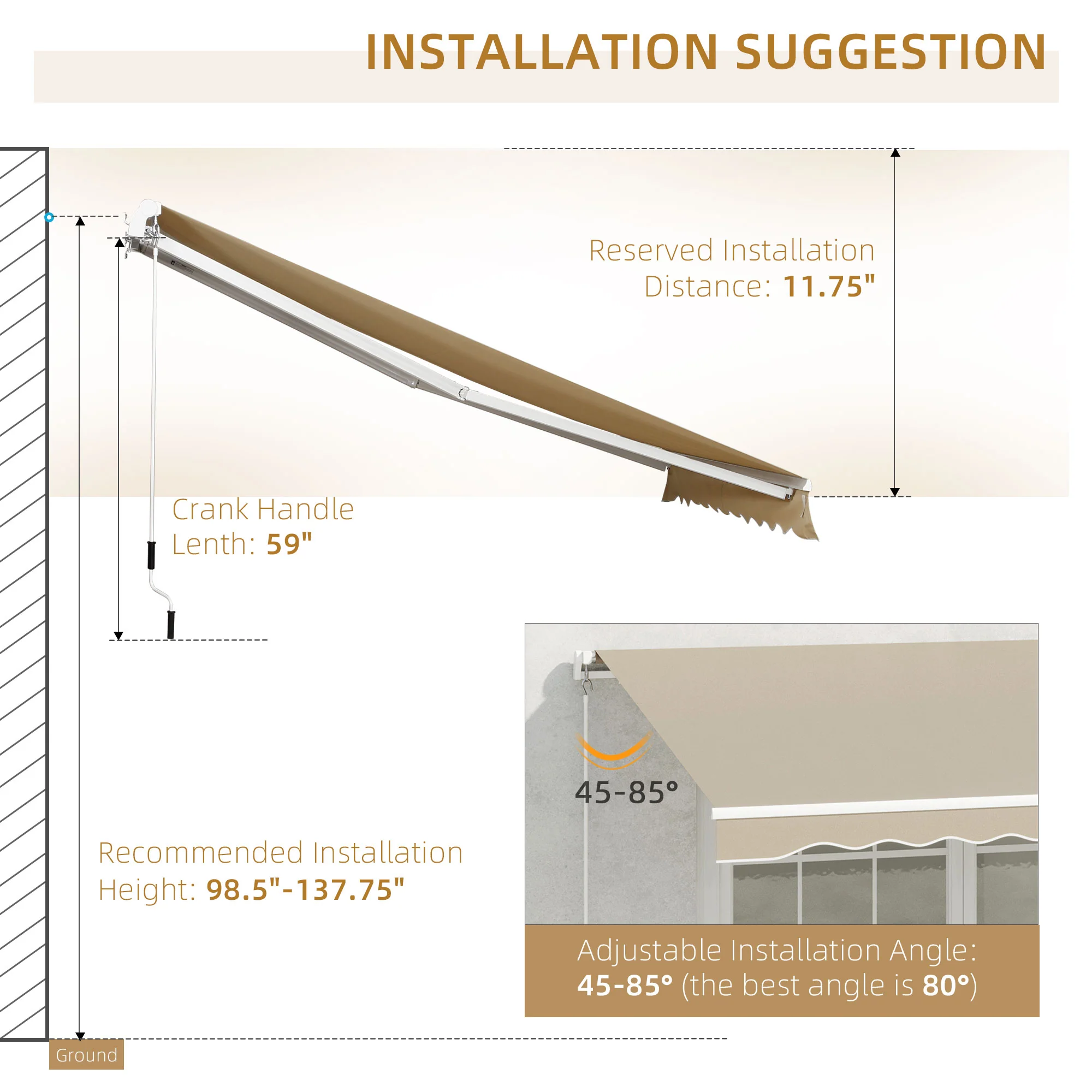 13' x 8' Retractable Patio Awning with Manual Crank, UV & Water-Resistant Fabric and Aluminum Frame, Khaki - Image 10