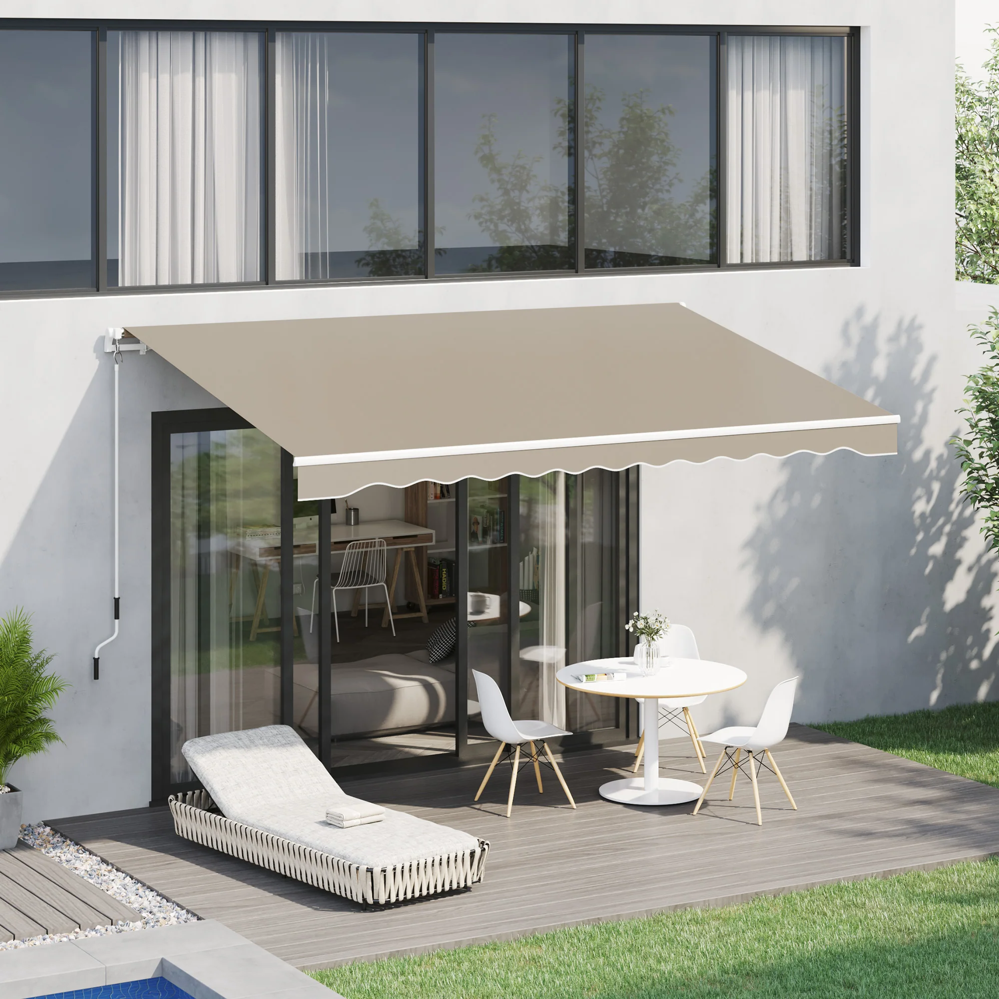 13' x 8' Retractable Patio Awning with Manual Crank, UV & Water-Resistant Fabric and Aluminum Frame, Khaki - Image 3
