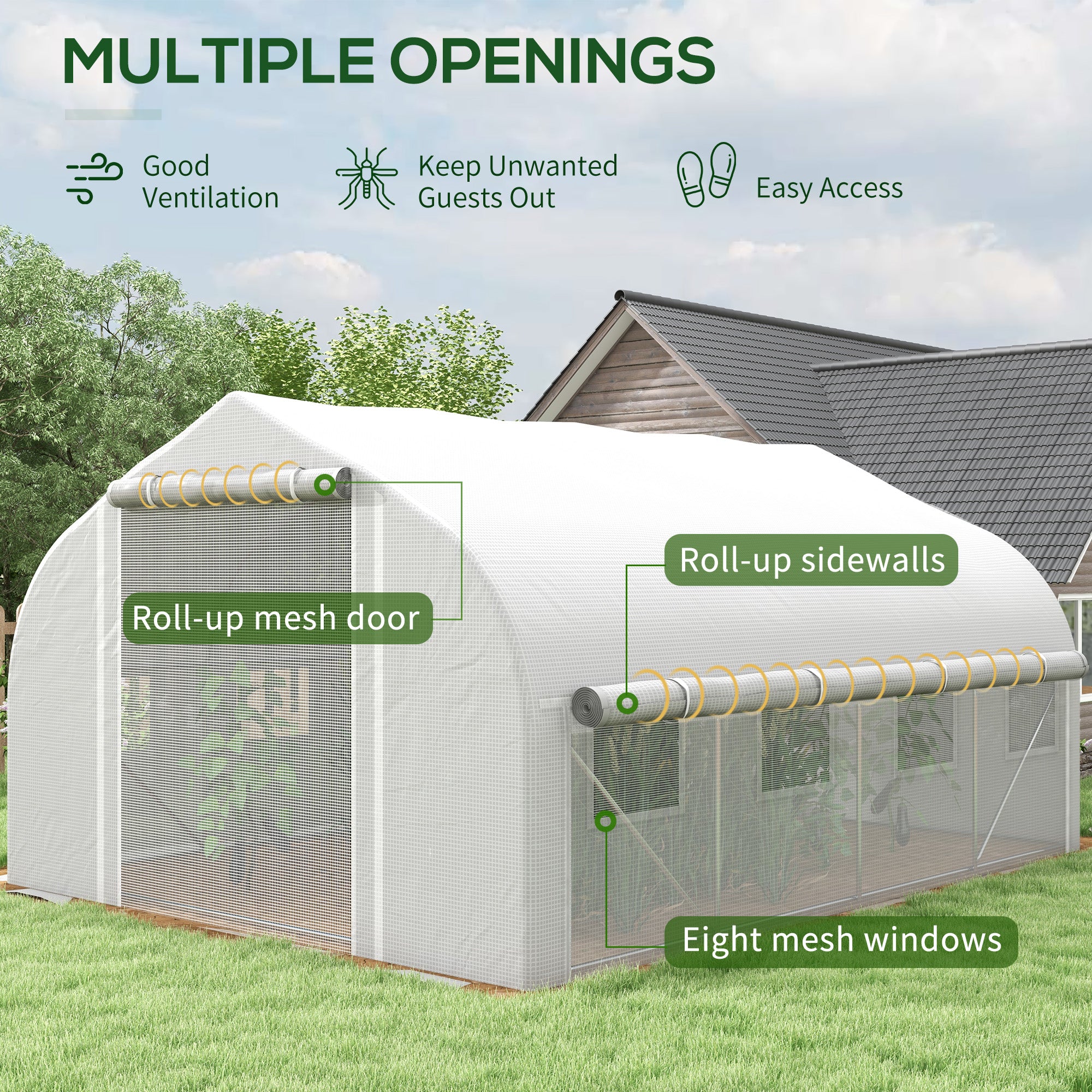 13' x 9.8' Polytunnel Greenhouse with Zipped Sidewalls & Mesh Door, White - Image 6