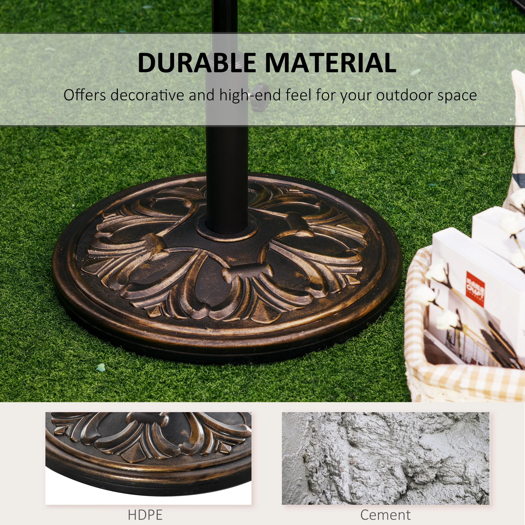 13kg Retro Round HDPE Parasol Base, Concrete Weight Stand Holder, Bronze Tone - Image 7