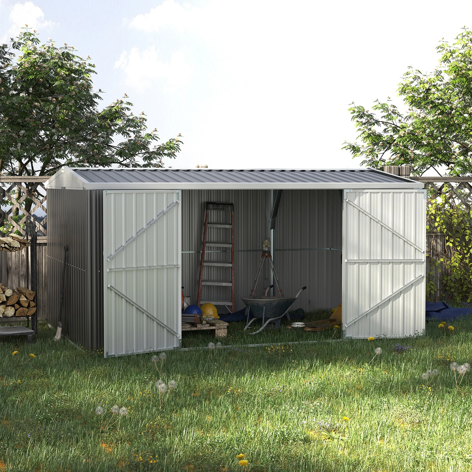 14' x 8' Outdoor Storage Shed, Galvanized Steel Garden Shed with Lockable Doors, Air Vents and Gloves, Waterproof Tool Shed for Backyard, Patio and Lawn, Grey - Image 3