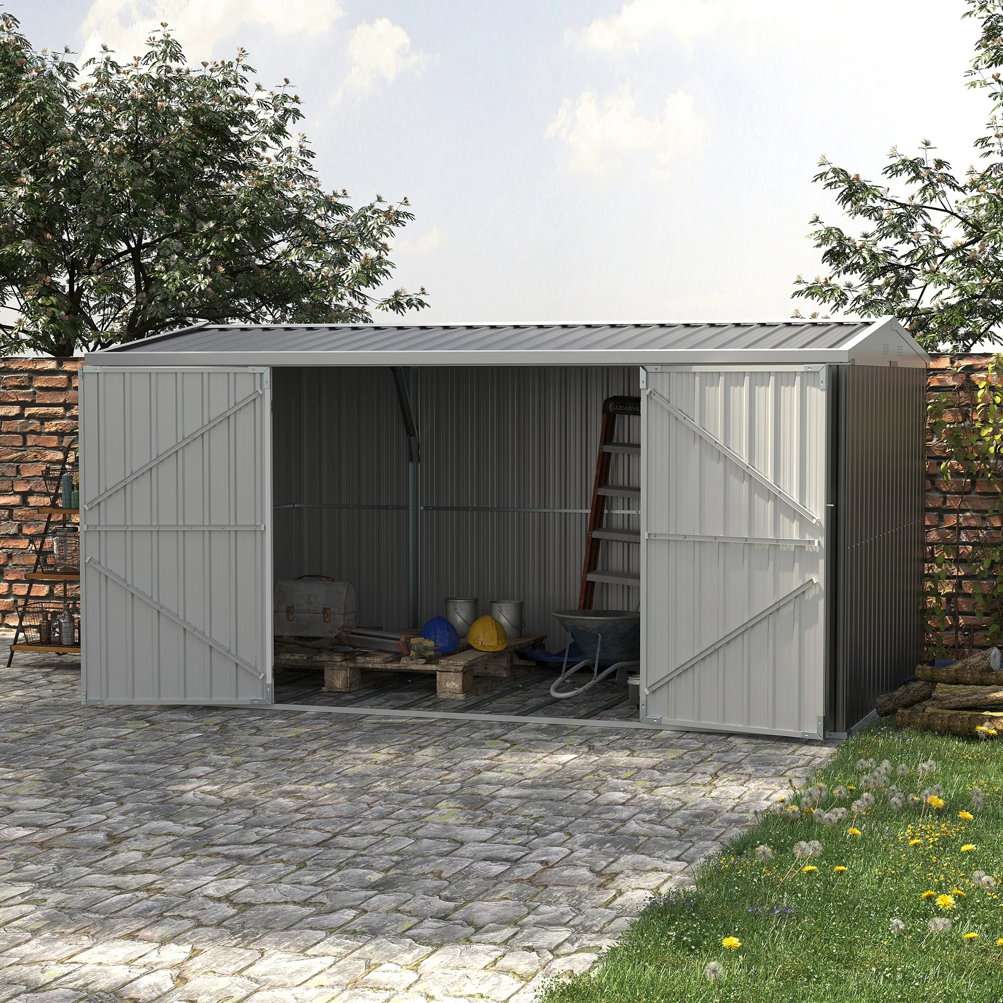 14' x 8' Outdoor Storage Shed, Galvanized Steel Garden Shed with Lockable Doors, Air Vents and Gloves, Waterproof Tool Shed for Backyard, Patio and Lawn, Grey - Image 4