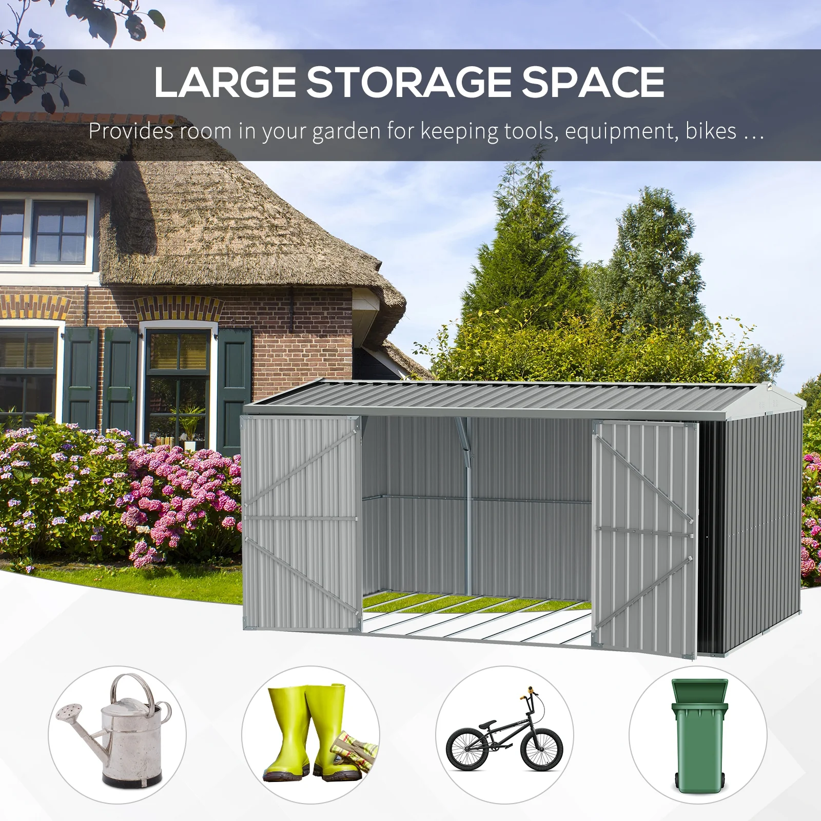 14' x 8' Outdoor Storage Shed, Galvanized Steel Garden Shed with Lockable Doors, Air Vents and Gloves, Waterproof Tool Shed for Backyard, Patio and Lawn, Grey - Image 6
