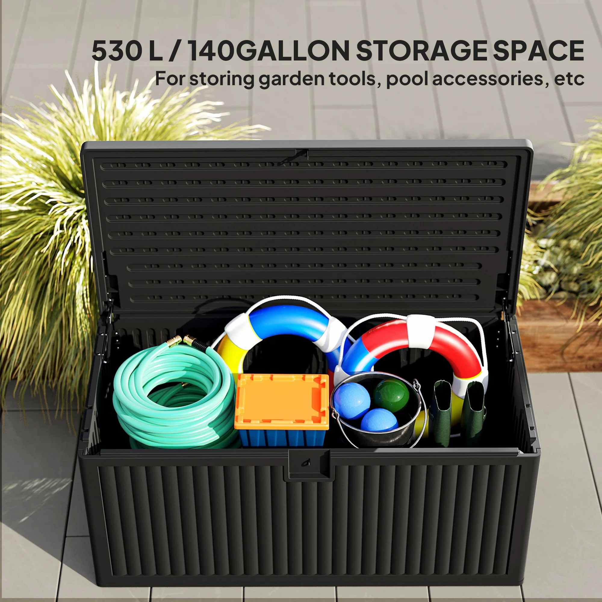 140 Gallon Black Resin Deck Box with Gas Struts, Waterproof & UV Resistant, Black - Image 6