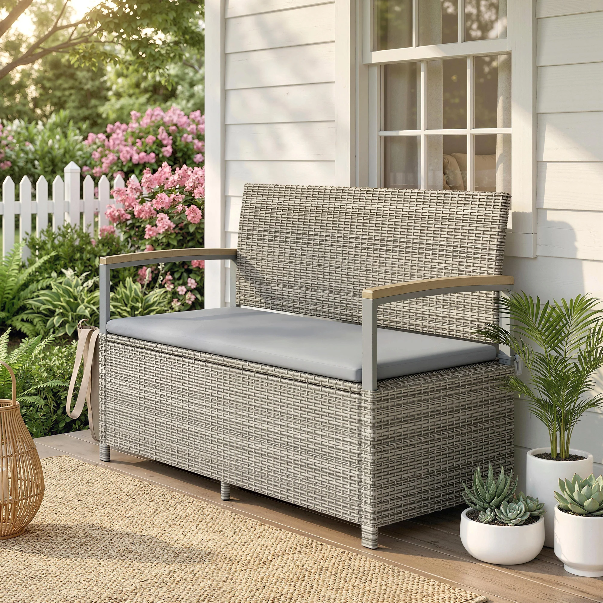 144L 2-Seater Rattan Storage Bench with Acacia Armrests & Gas Strut, Light Grey - Image 3
