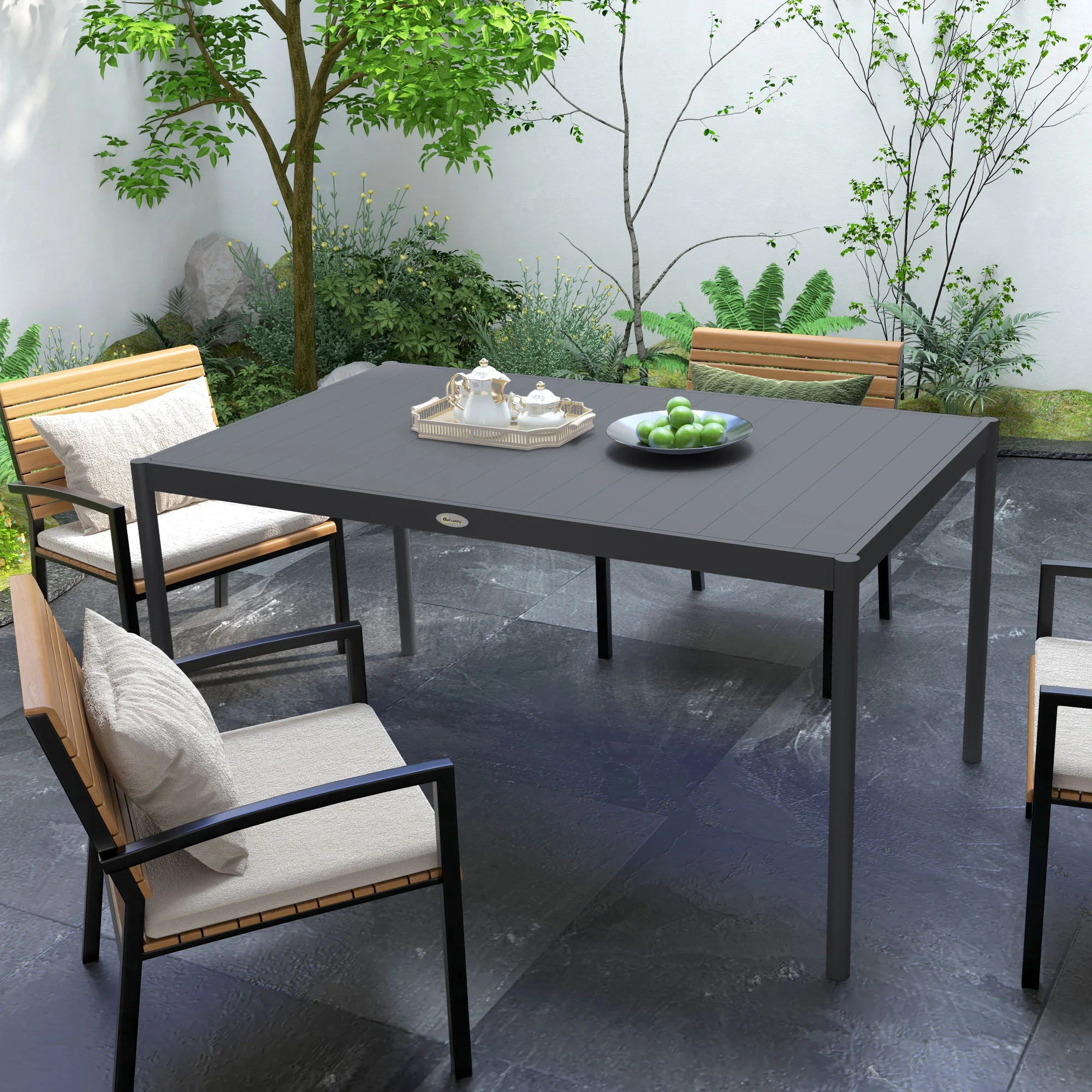 145cm Garden Table, Rectangle Outdoor Dining Table for 6 People, with Slatted Aluminium Top and Steel Legs, for Lawn, Balcony, Dark Grey - Image 10