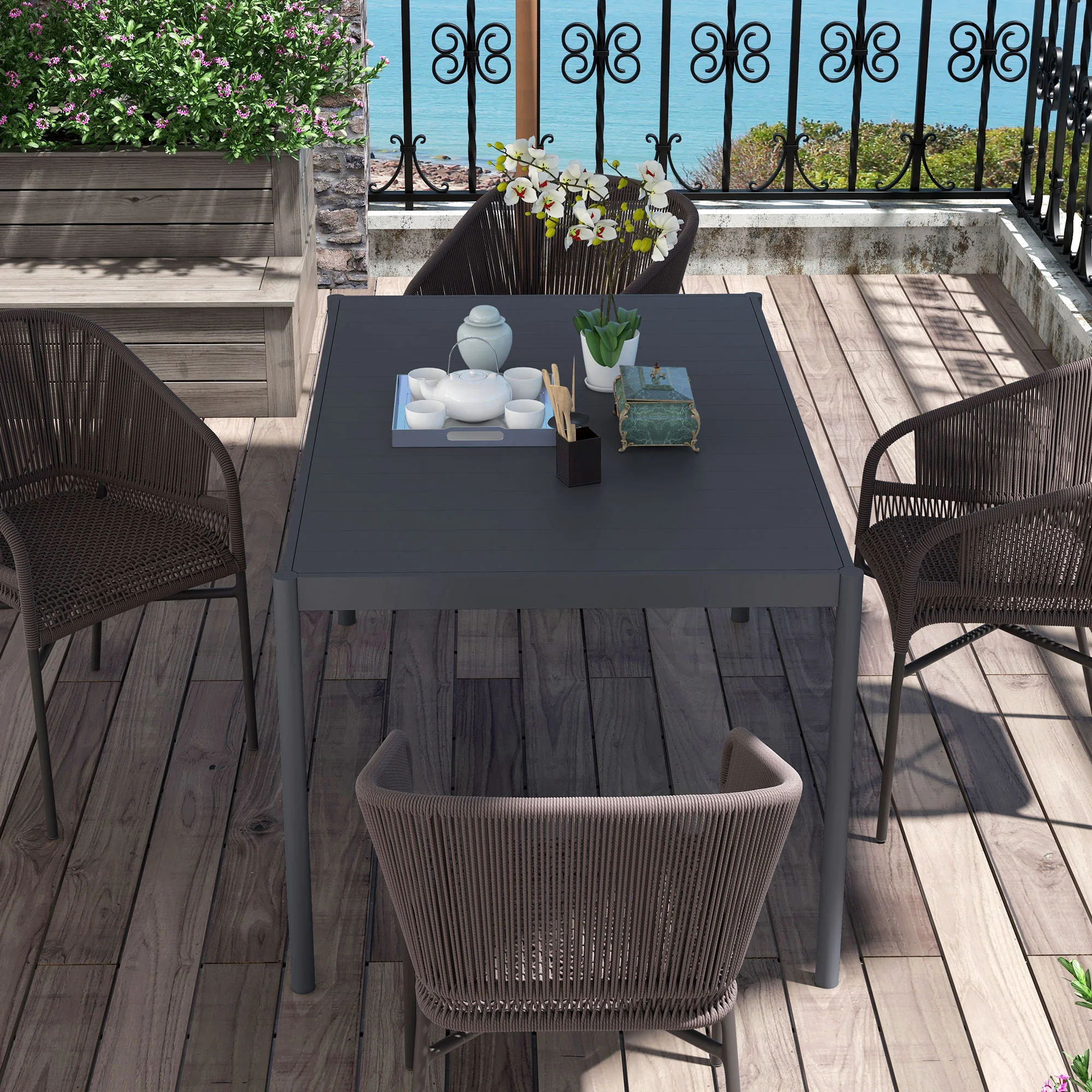 145cm Garden Table, Rectangle Outdoor Dining Table for 6 People, with Slatted Aluminium Top and Steel Legs, for Lawn, Balcony, Dark Grey - Image 11