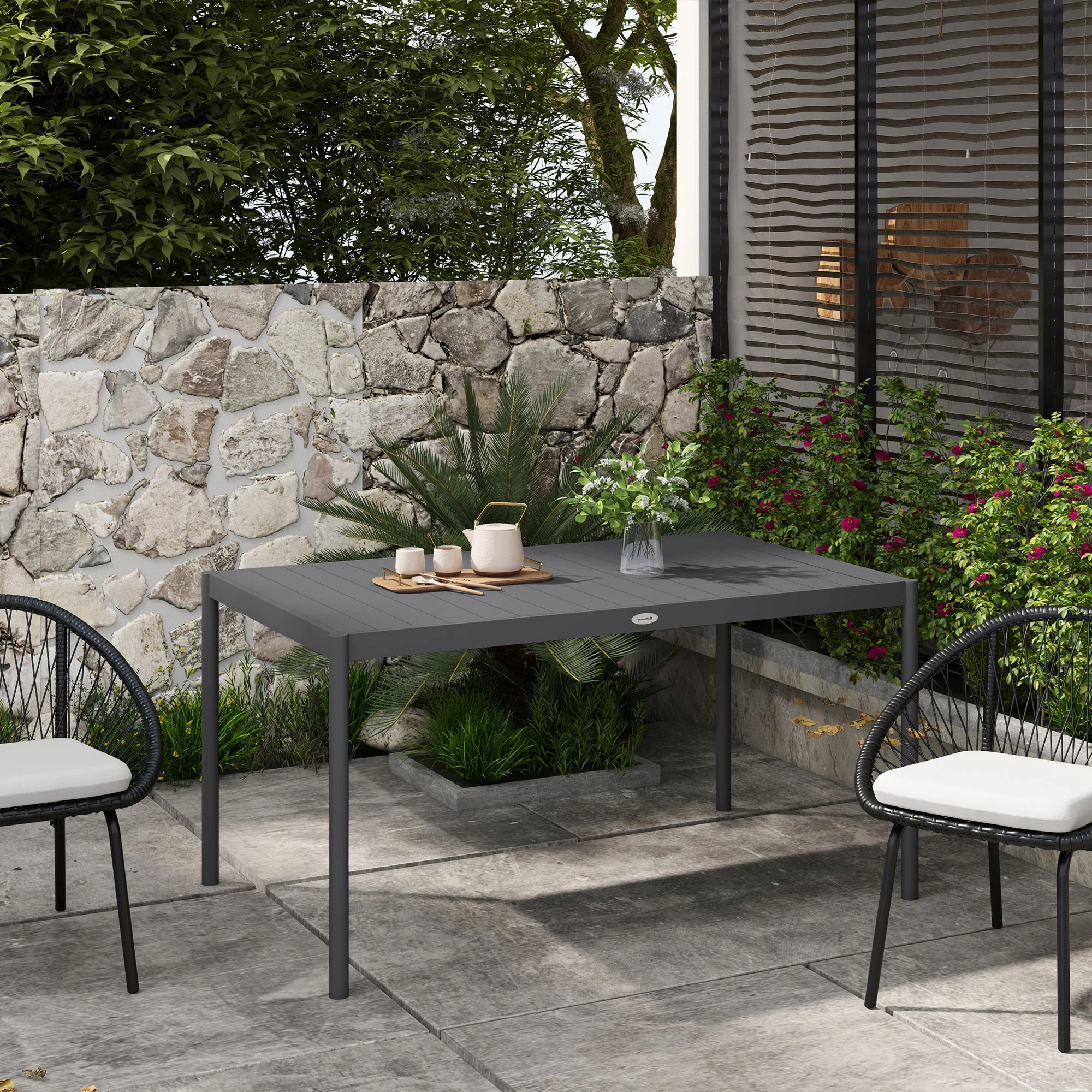 145cm Garden Table, Rectangle Outdoor Dining Table for 6 People, with Slatted Aluminium Top and Steel Legs, for Lawn, Balcony, Dark Grey - Image 3