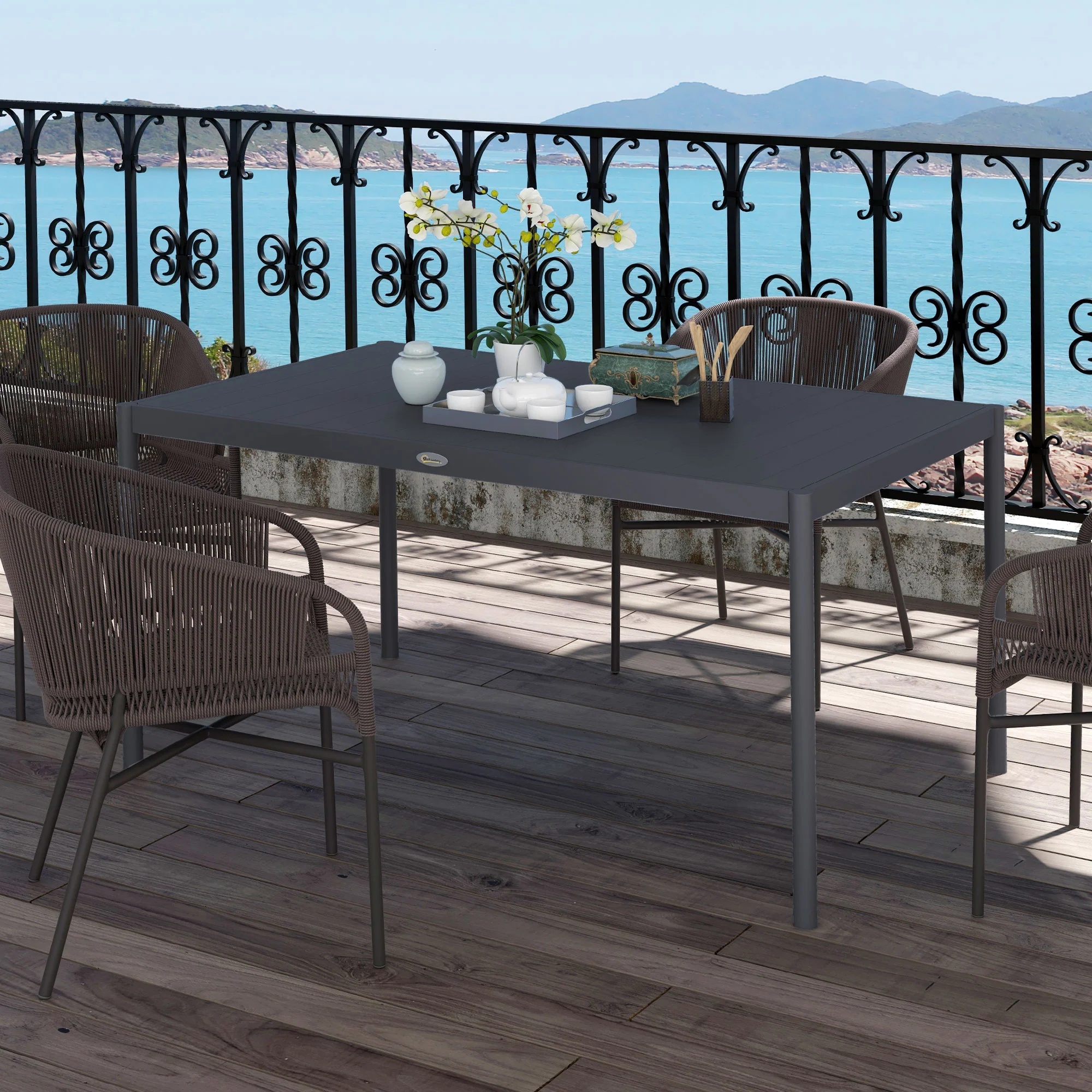 145cm Garden Table, Rectangle Outdoor Dining Table for 6 People, with Slatted Aluminium Top and Steel Legs, for Lawn, Balcony, Dark Grey - Image 4