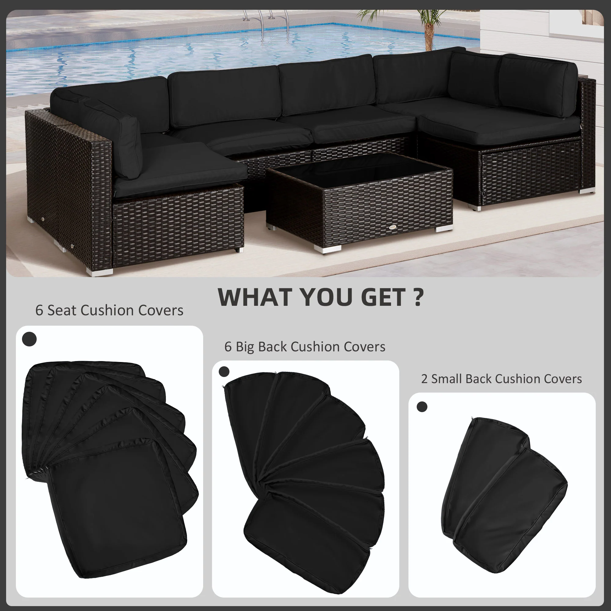 14pc Patio Rattan Sofa Set Cushion Cover Replacement Set, No Cushion Included, Black - Image 6