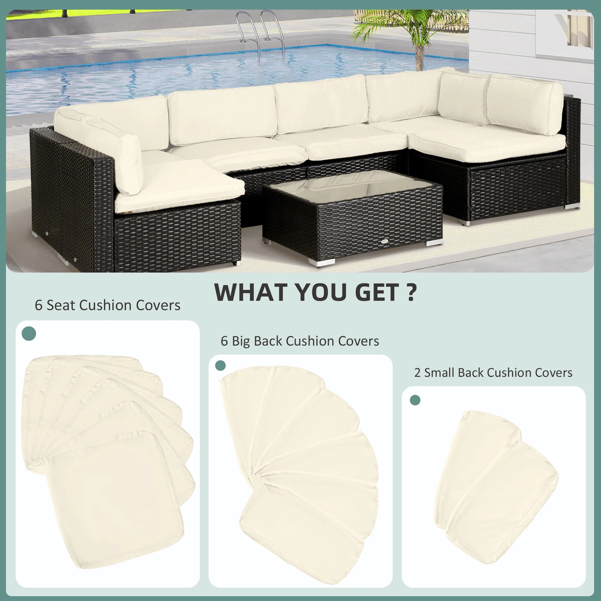 14pc Patio Rattan Sofa Set Cushion Cover Replacement Set, No Cushion Included, Cream White - Image 6