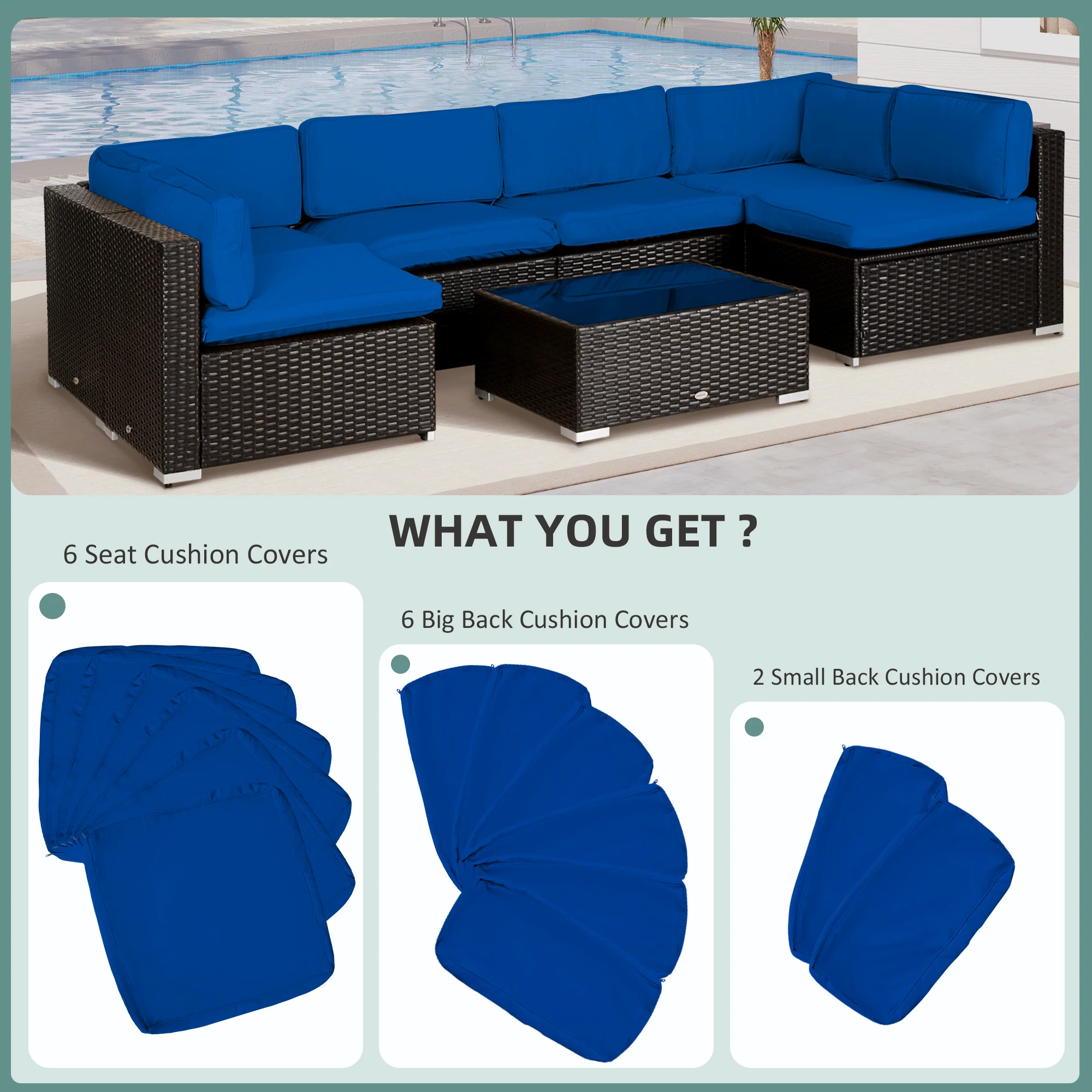 14pc Patio Rattan Sofa Set Cushion Cover Replacement Set, No Cushion Included, Navy Blue - Image 6