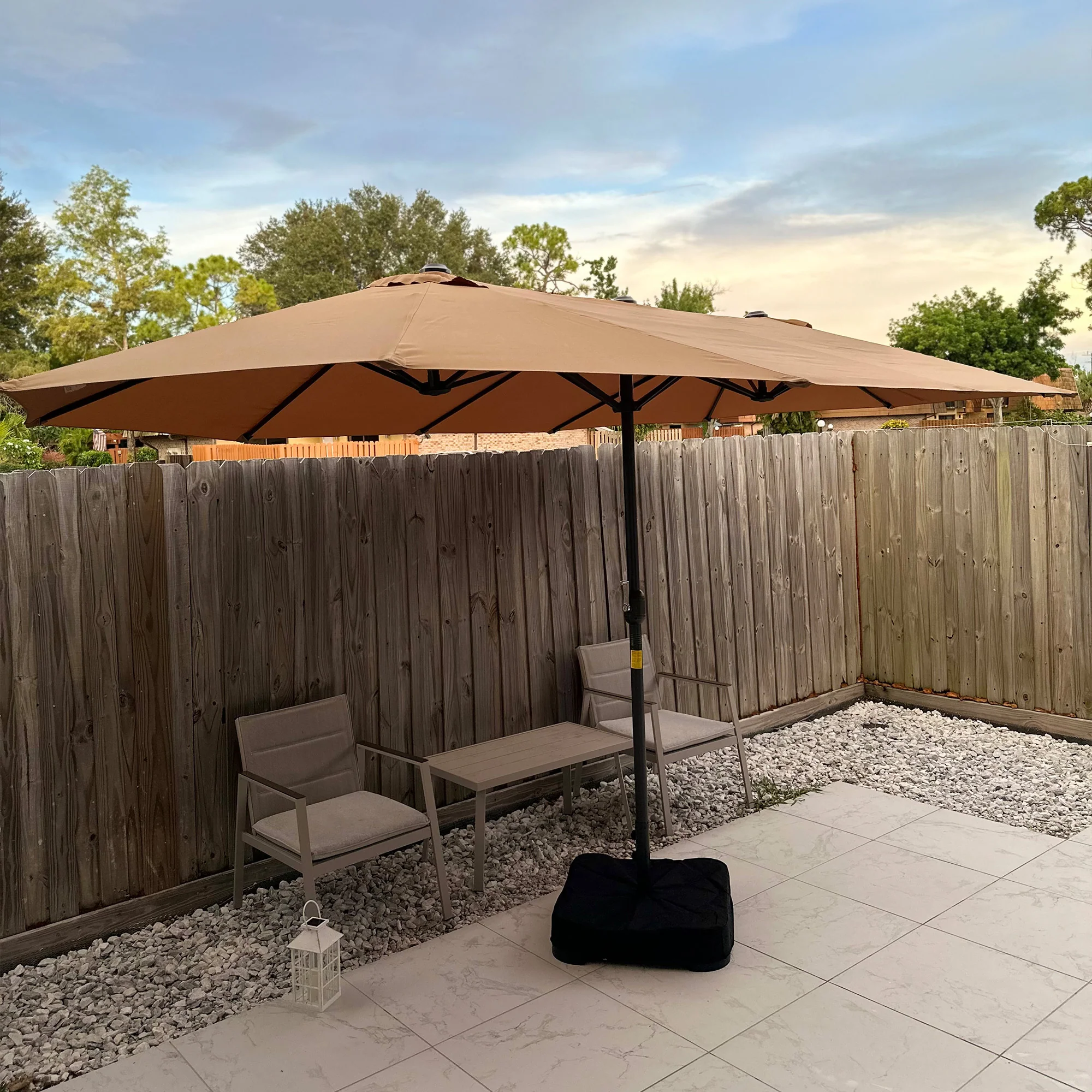 15' Twin Canopy Patio Umbrella with Crank & Cross Base, Brown - Image 10