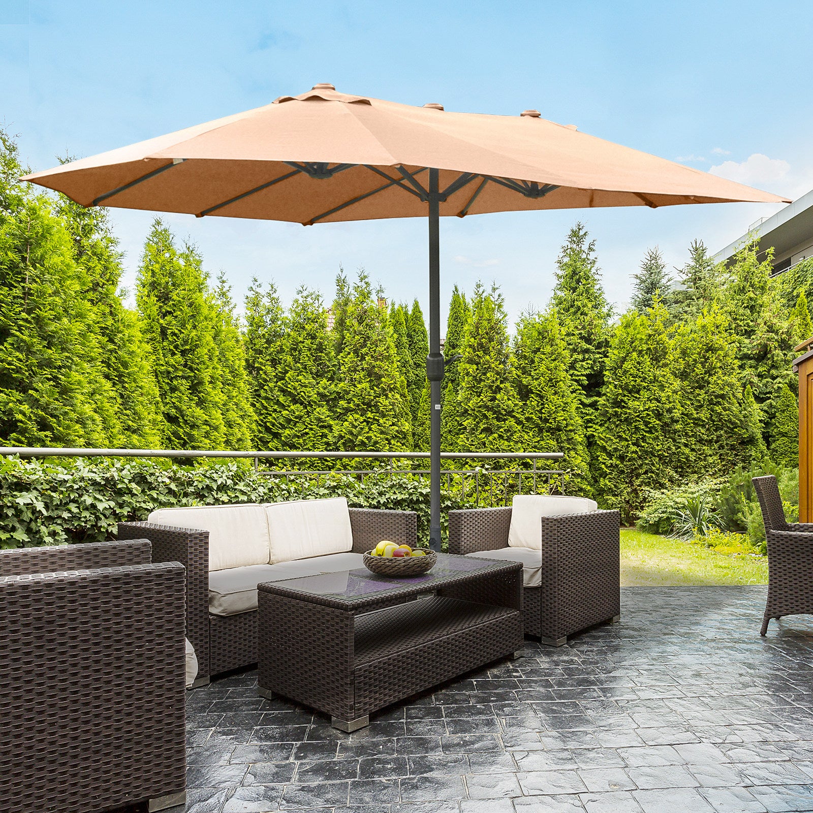 15' Twin Canopy Patio Umbrella with Crank & Cross Base, Brown - Image 3