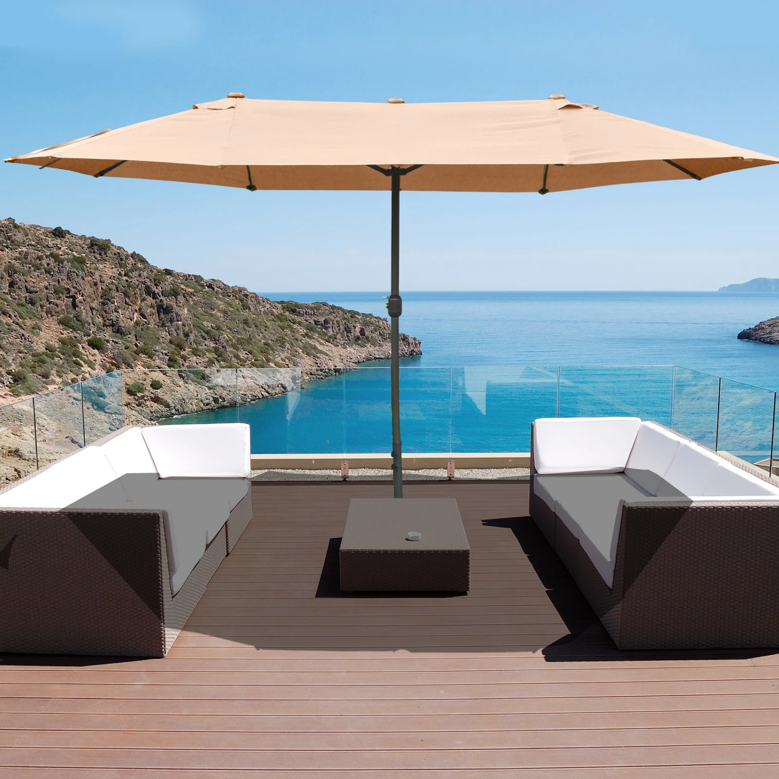 15' Twin Canopy Patio Umbrella with Crank & Cross Base, Brown - Image 4