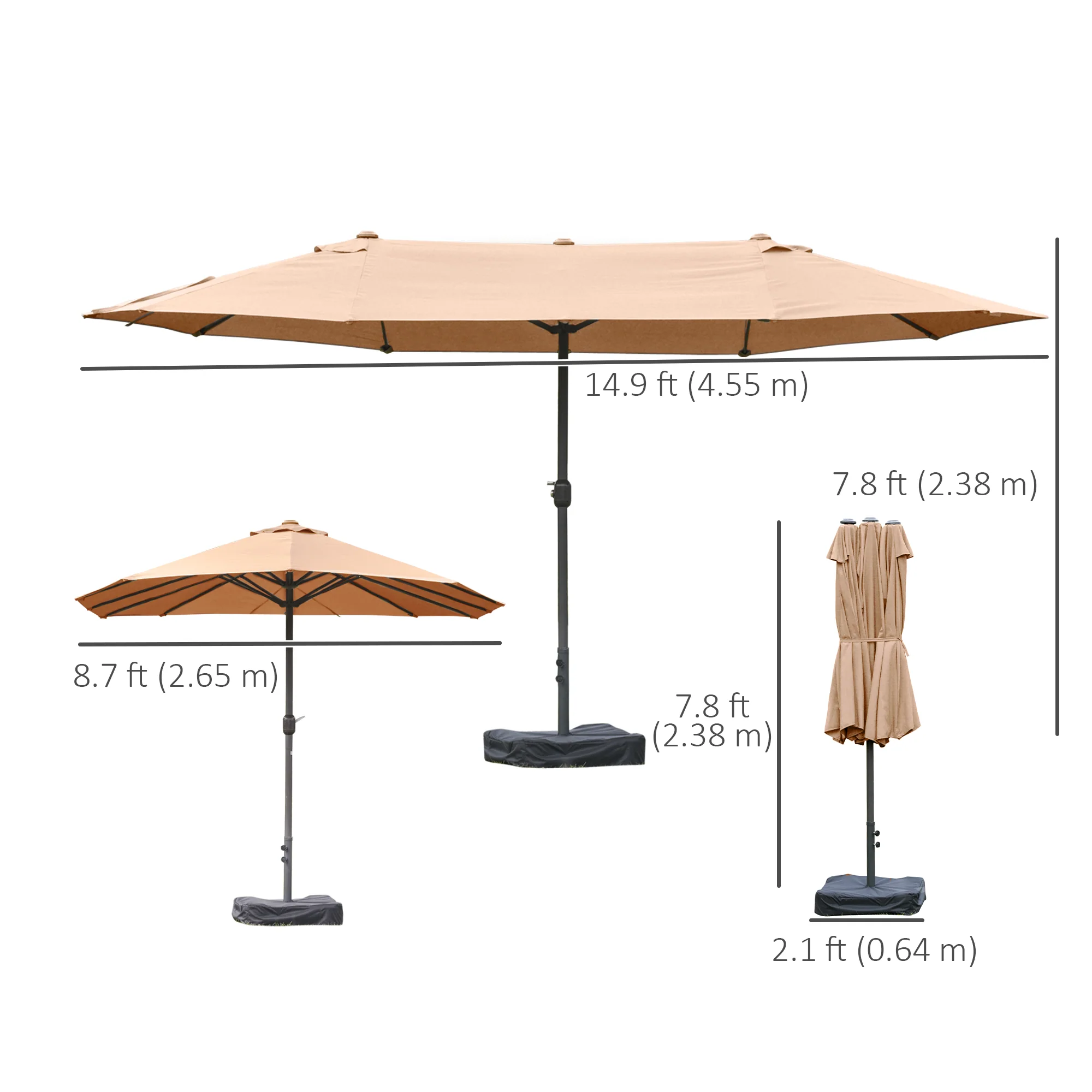 15' Twin Canopy Patio Umbrella with Crank & Cross Base, Brown - Image 5