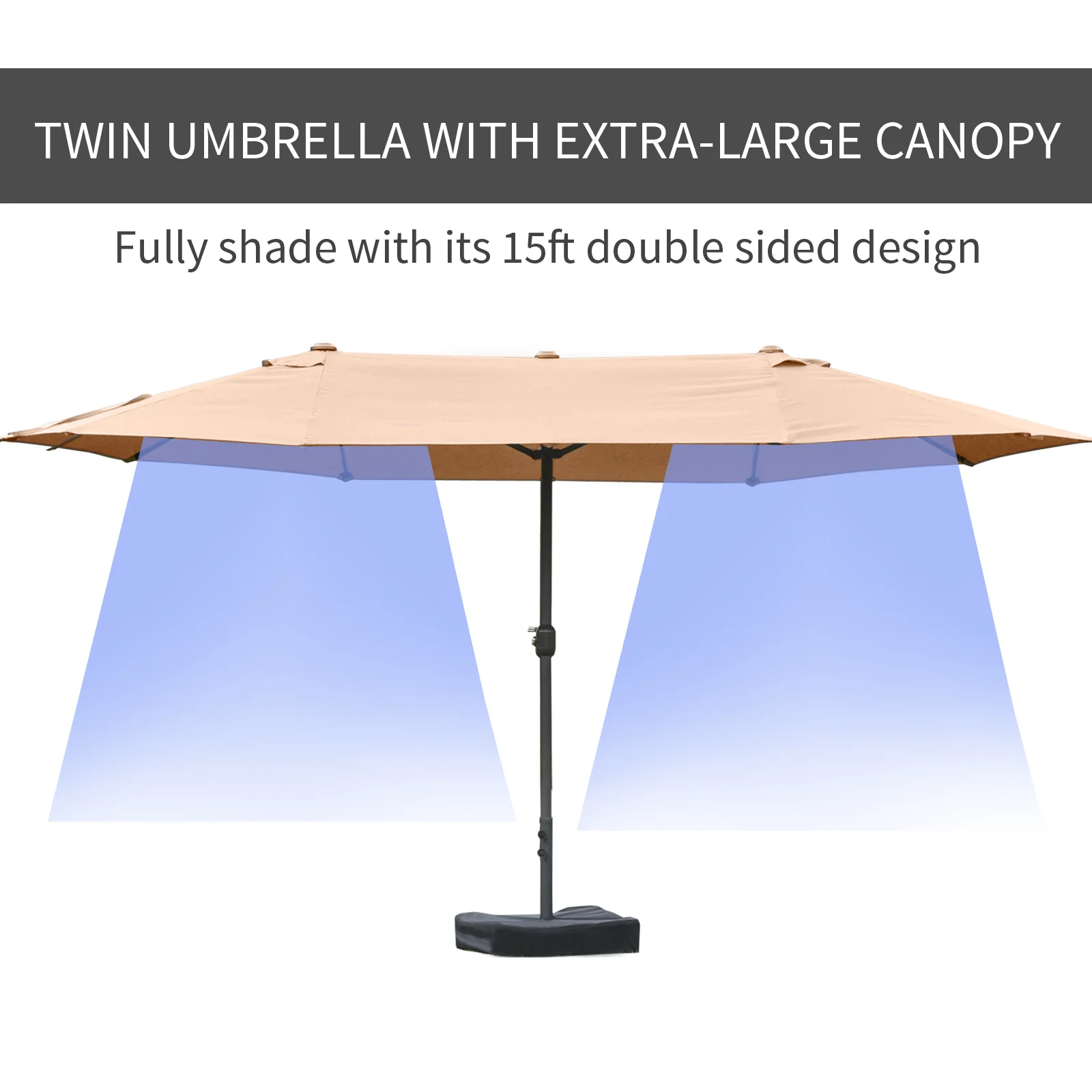 15' Twin Canopy Patio Umbrella with Crank & Cross Base, Brown - Image 6