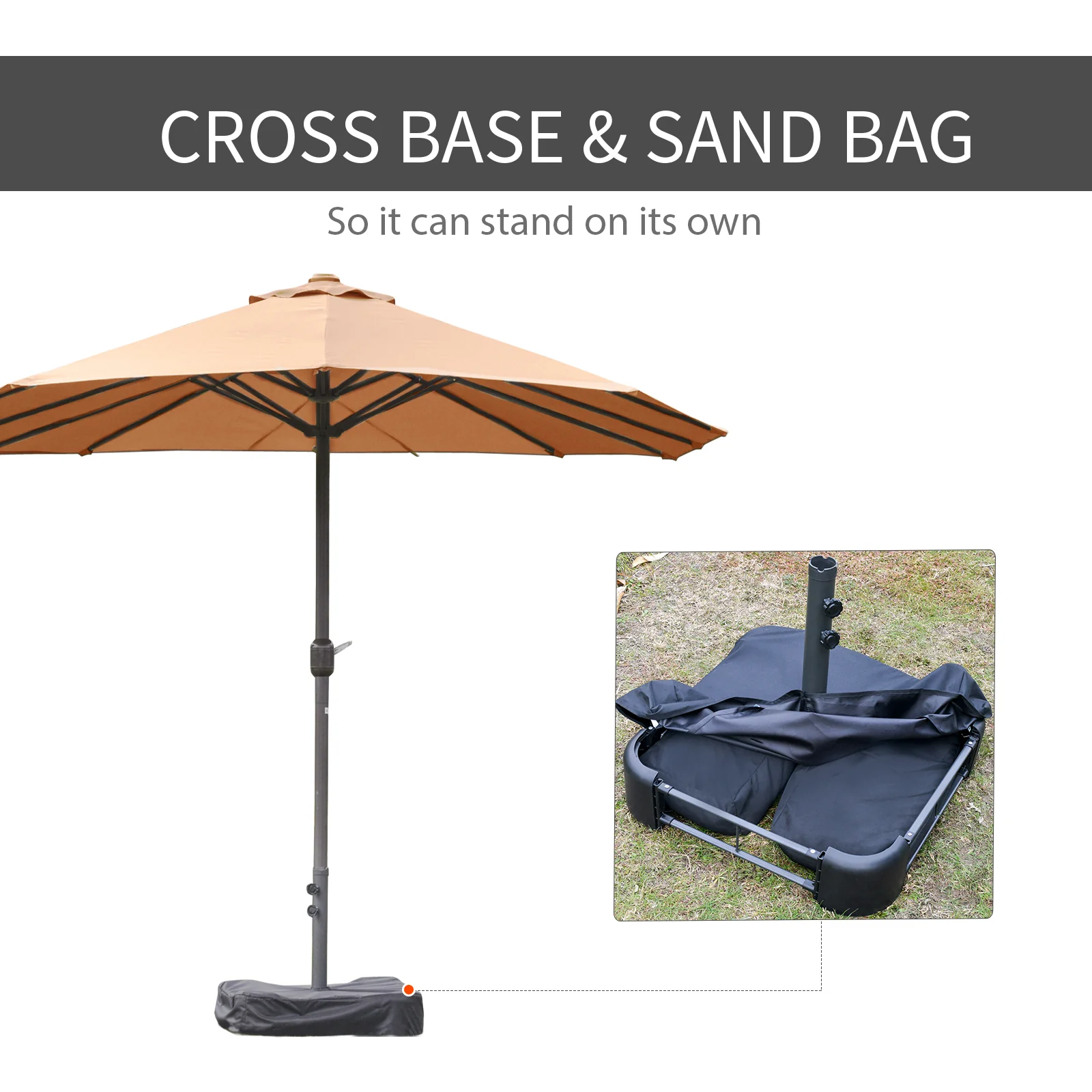 15' Twin Canopy Patio Umbrella with Crank & Cross Base, Brown - Image 7