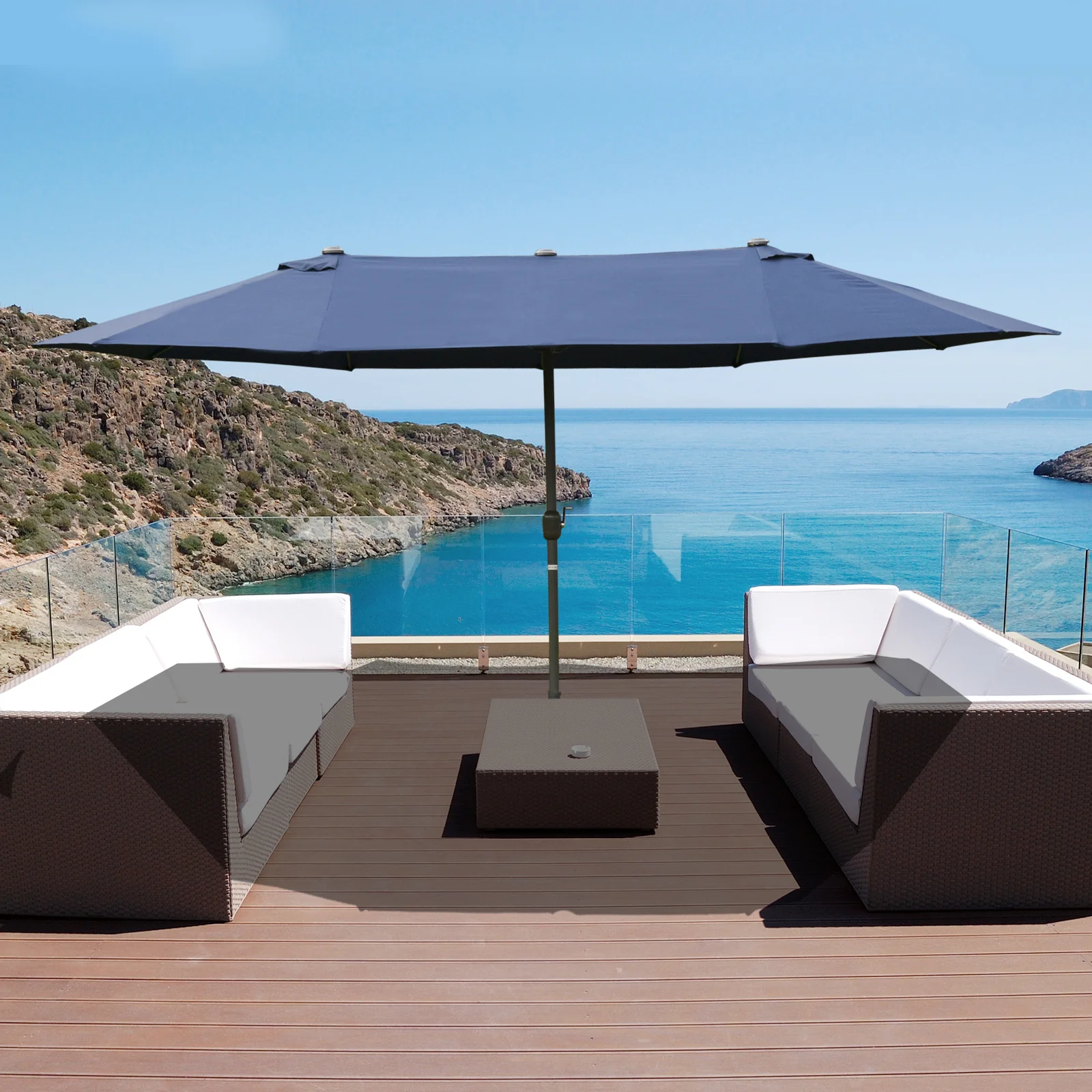 15' Twin Canopy Patio Umbrella with Crank & Cross Base, Dark Blue - Image 4