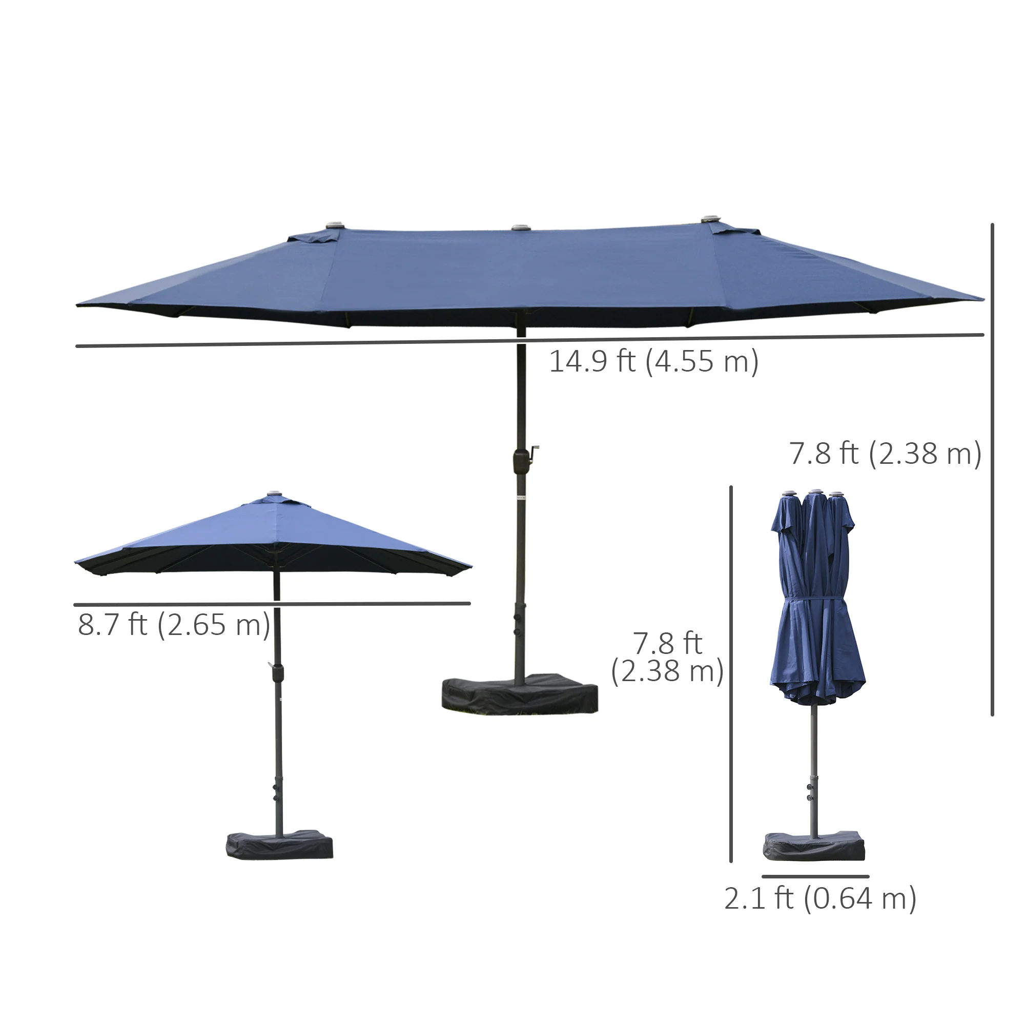 15' Twin Canopy Patio Umbrella with Crank & Cross Base, Dark Blue - Image 5
